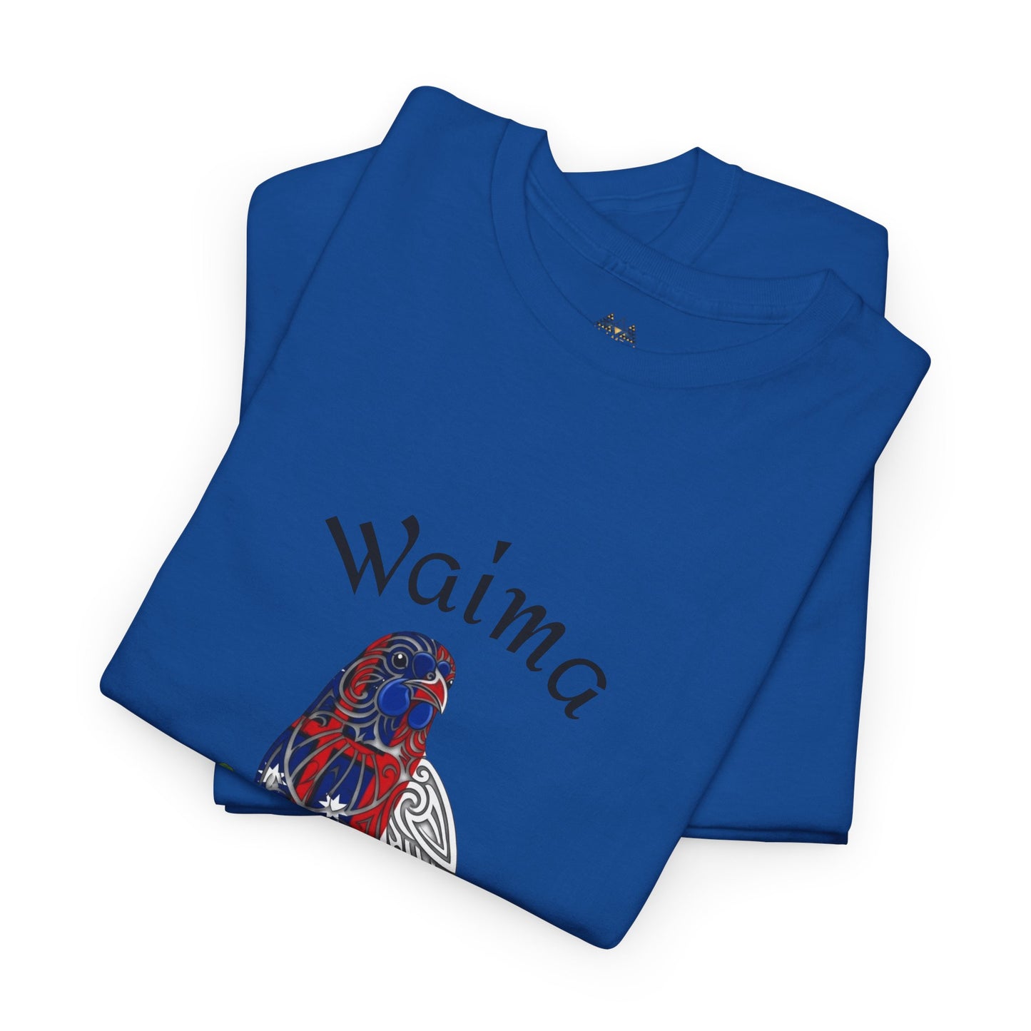 Royal blue T-shirt with "Waima" text and colorful bird print on the front