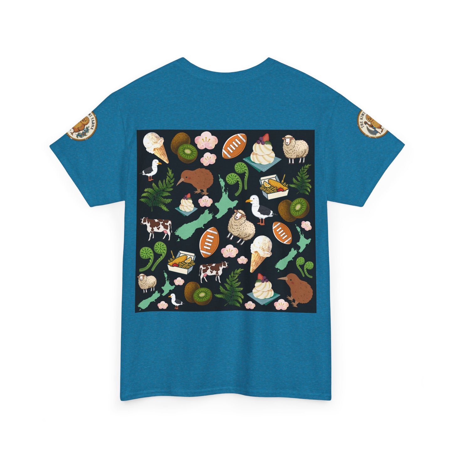 Teal graphic T-shirt with large square illustrated scene on the back