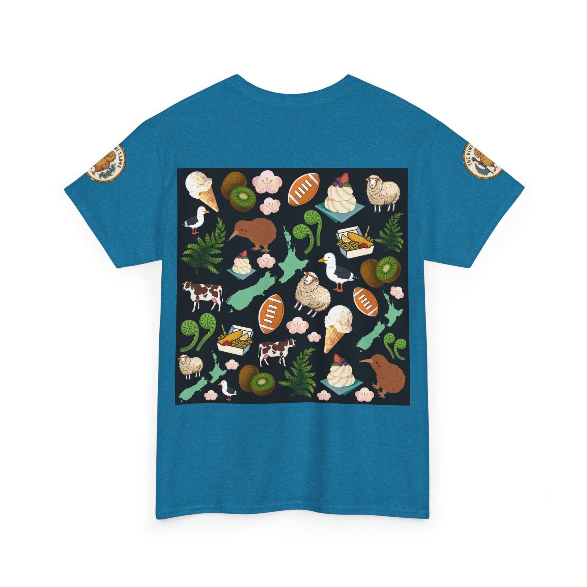 Teal graphic T-shirt with large square illustrated scene on the back