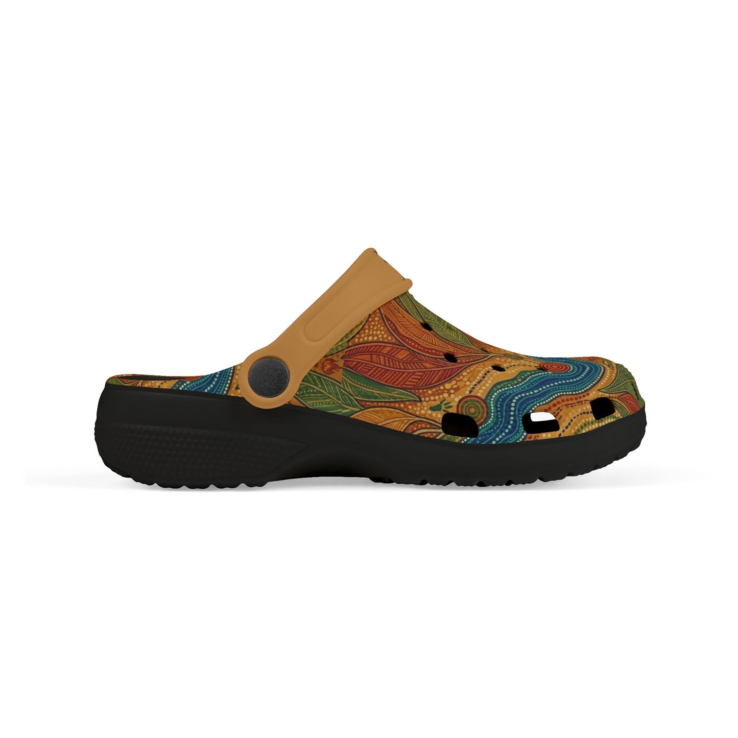 Aboriginal art slip-on clog shoe, three-quarter view, multicolor patterned upper and black sole