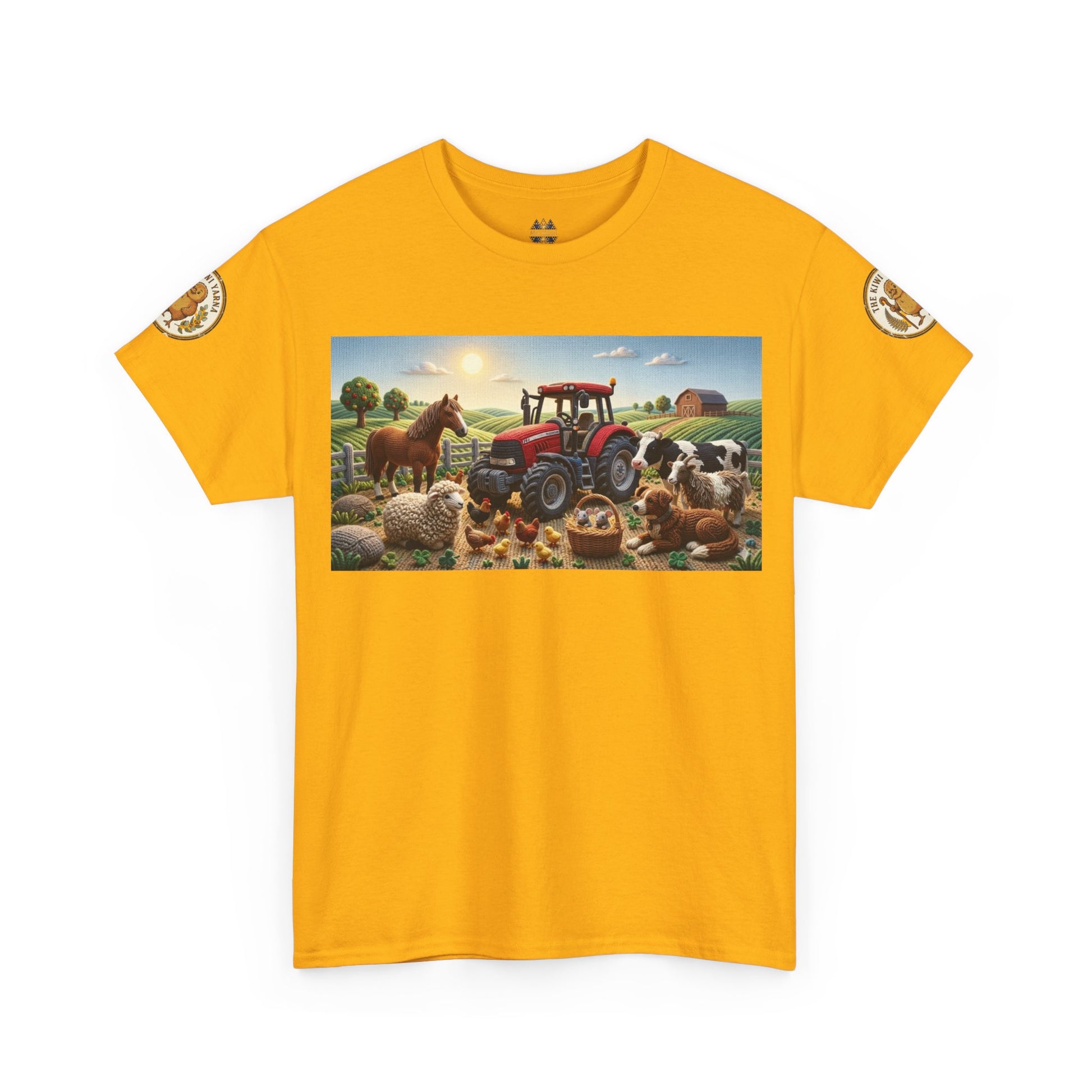 Mustard yellow farm graphic T-shirt with front rectangle tractor-and-animals scene and sleeve patches