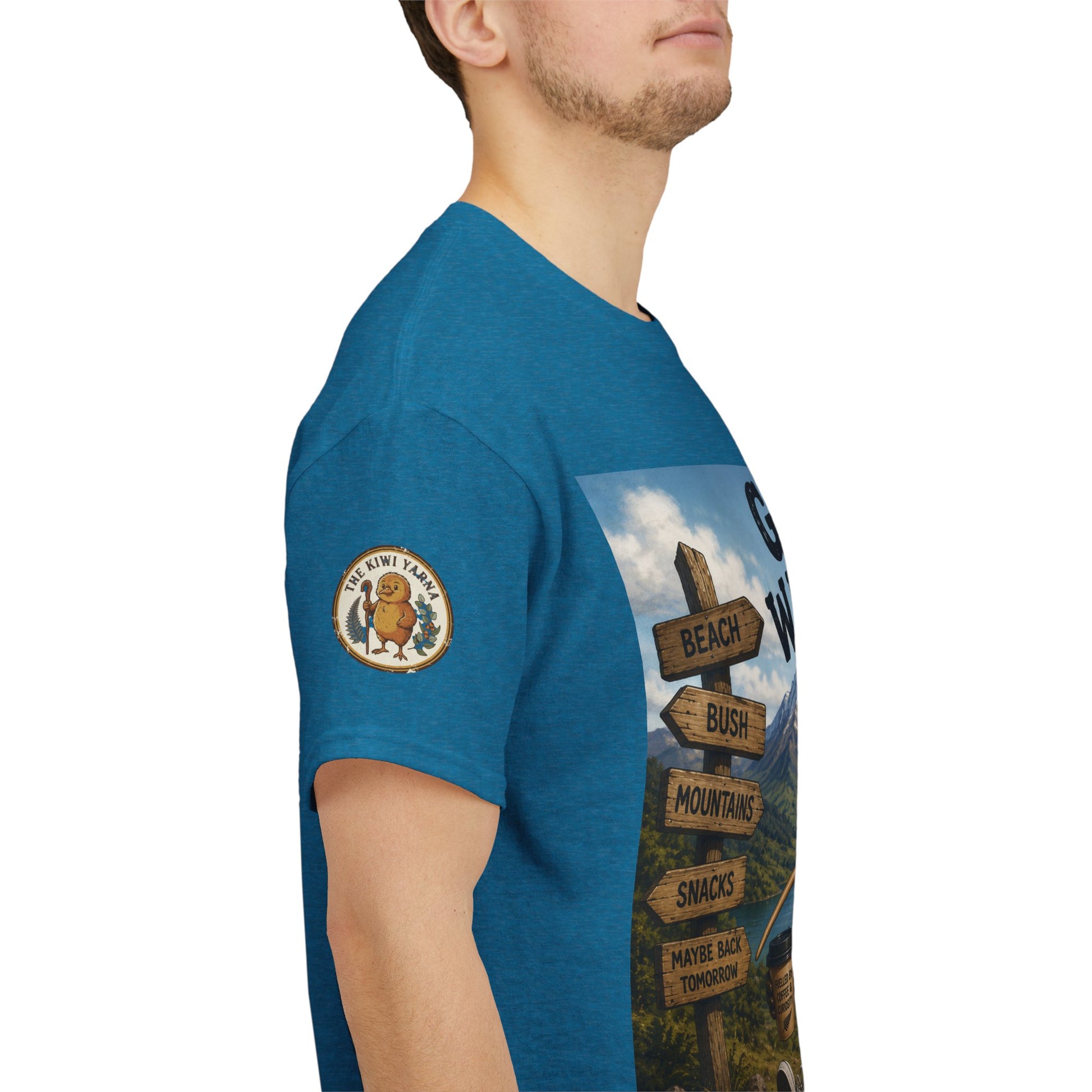 Blue crewneck graphic T-shirt, side badge patch and adventure scene print