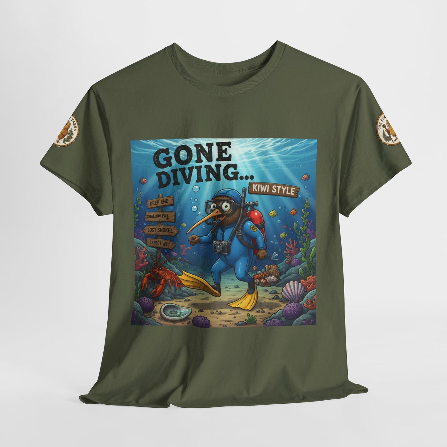 Dark green graphic T-shirt with large front diver artwork and “Kiwi Style”