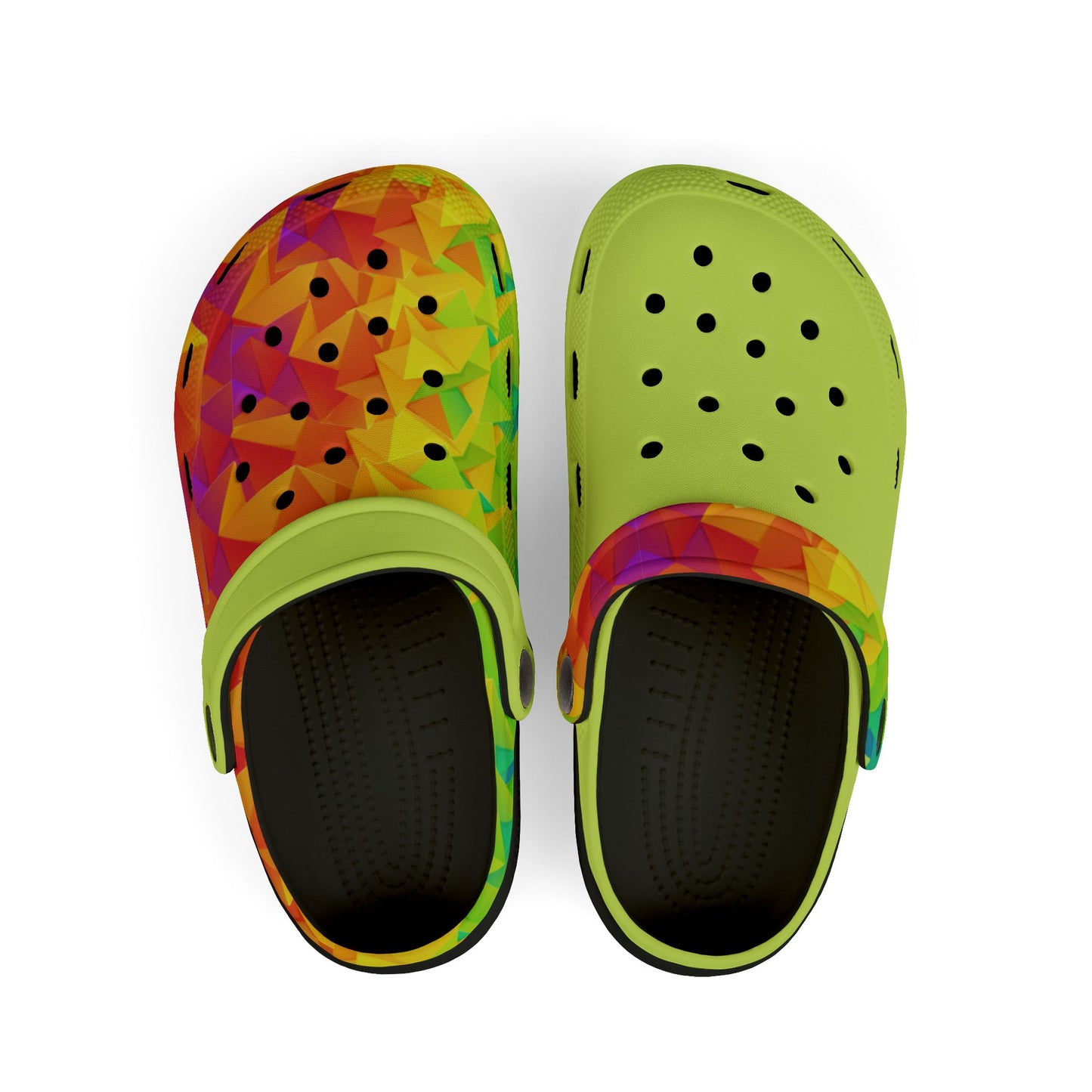 Ahi lime-green clog with multicolor geometric upper and dark footbed holes