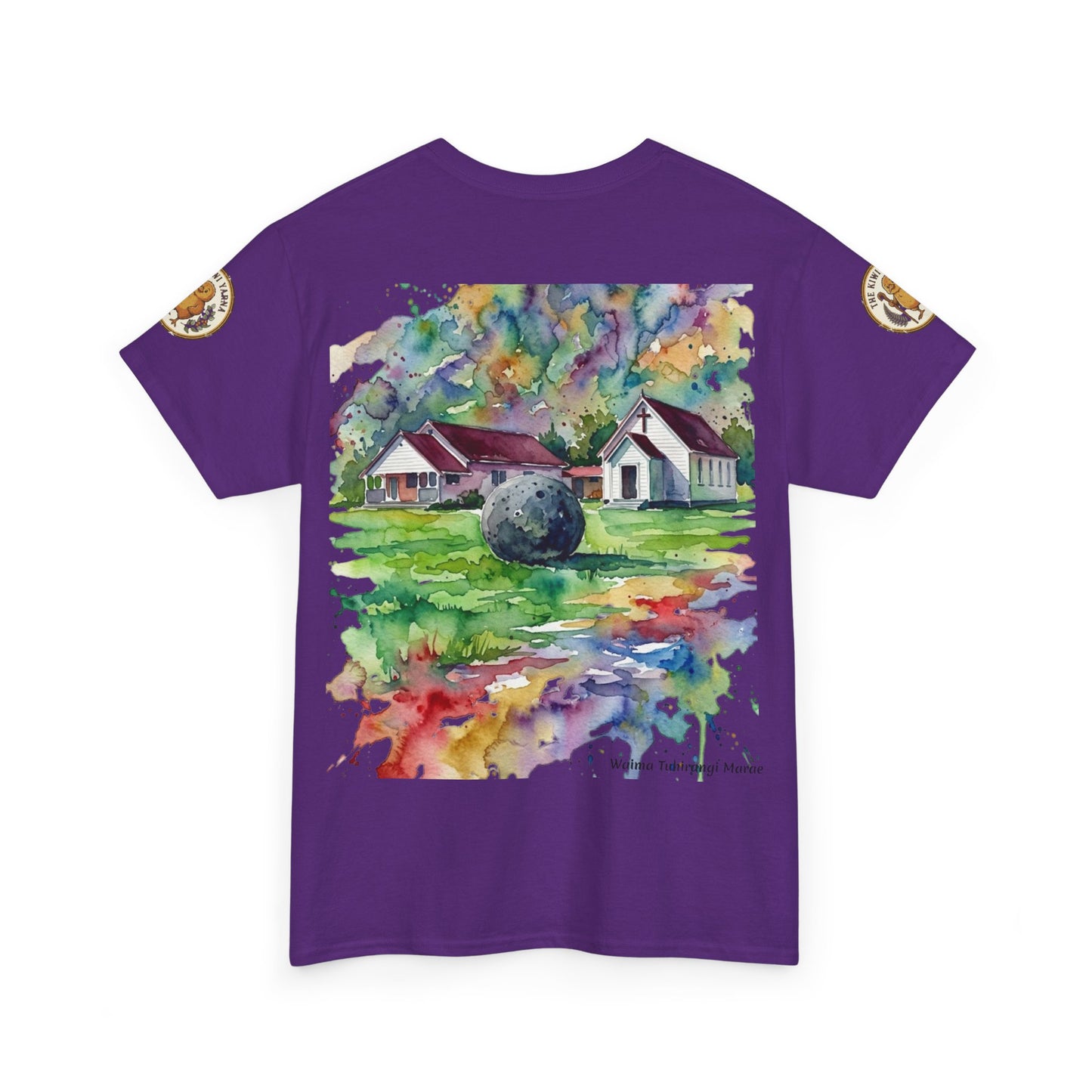 Purple T-shirt with colorful house and landscape graphic and sleeve patches