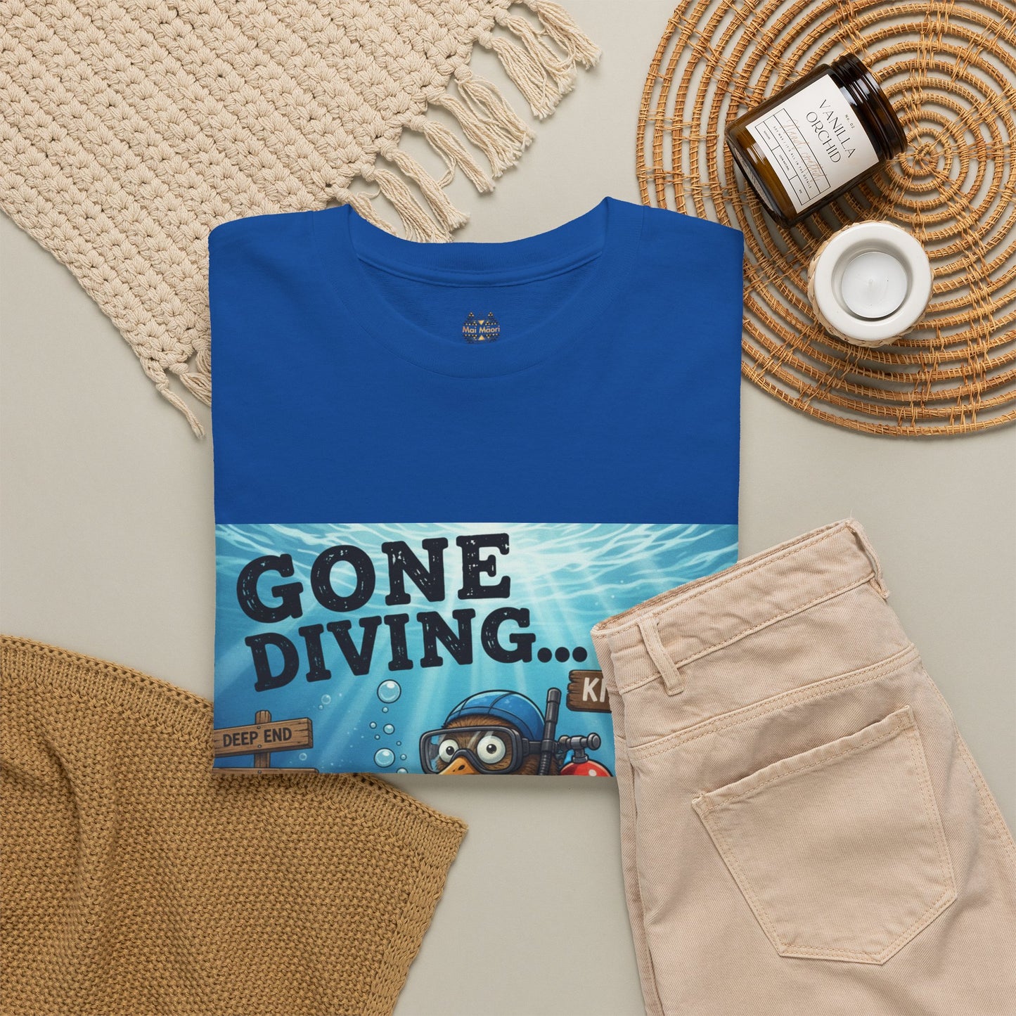 Blue crew-neck graphic t-shirt with underwater front panel and small neck logo