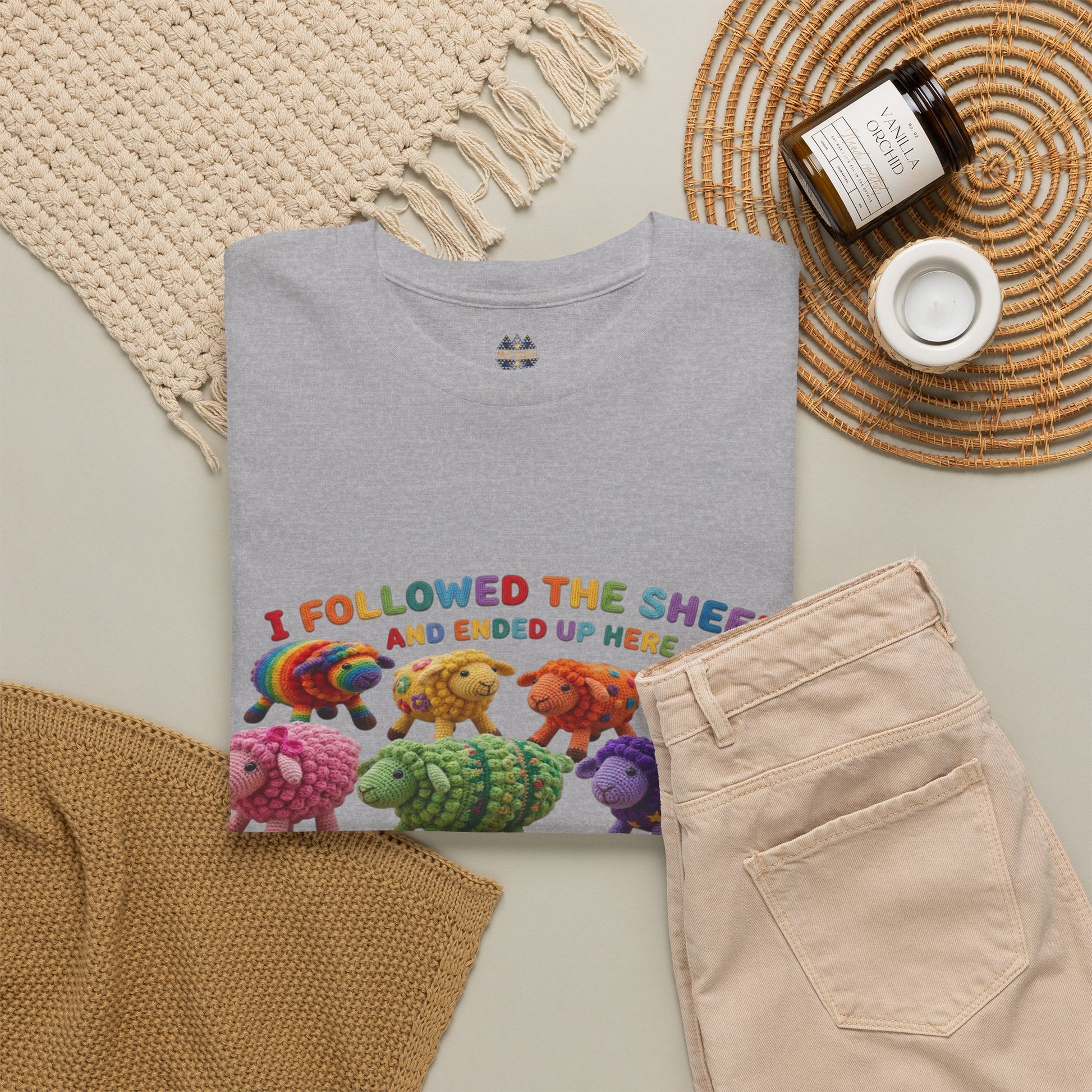 Heather gray graphic T-shirt with multicolor sheep lineup and logo on chest