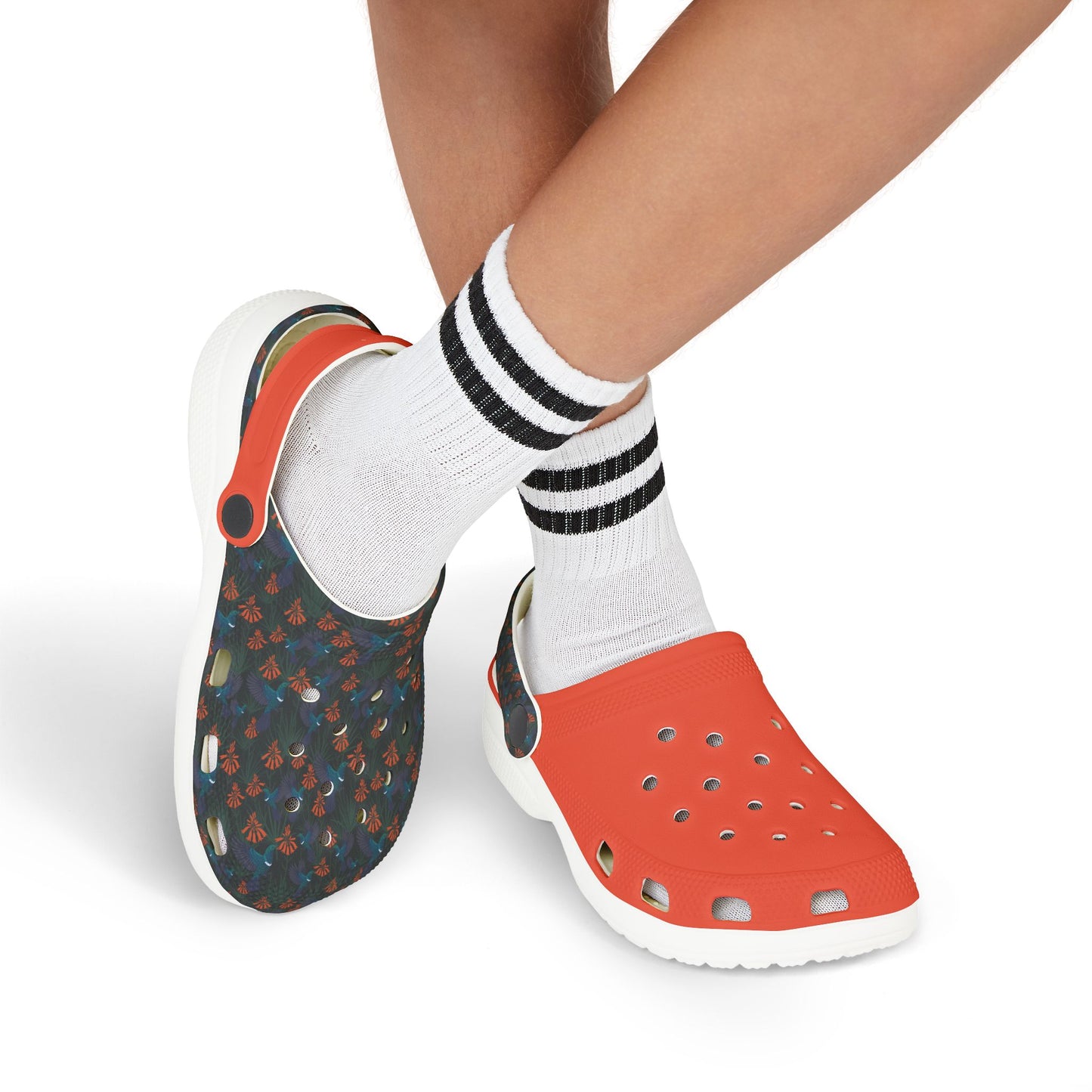 Kids clog shoes with socks, dark floral back panel and orange front, white slip-on sole