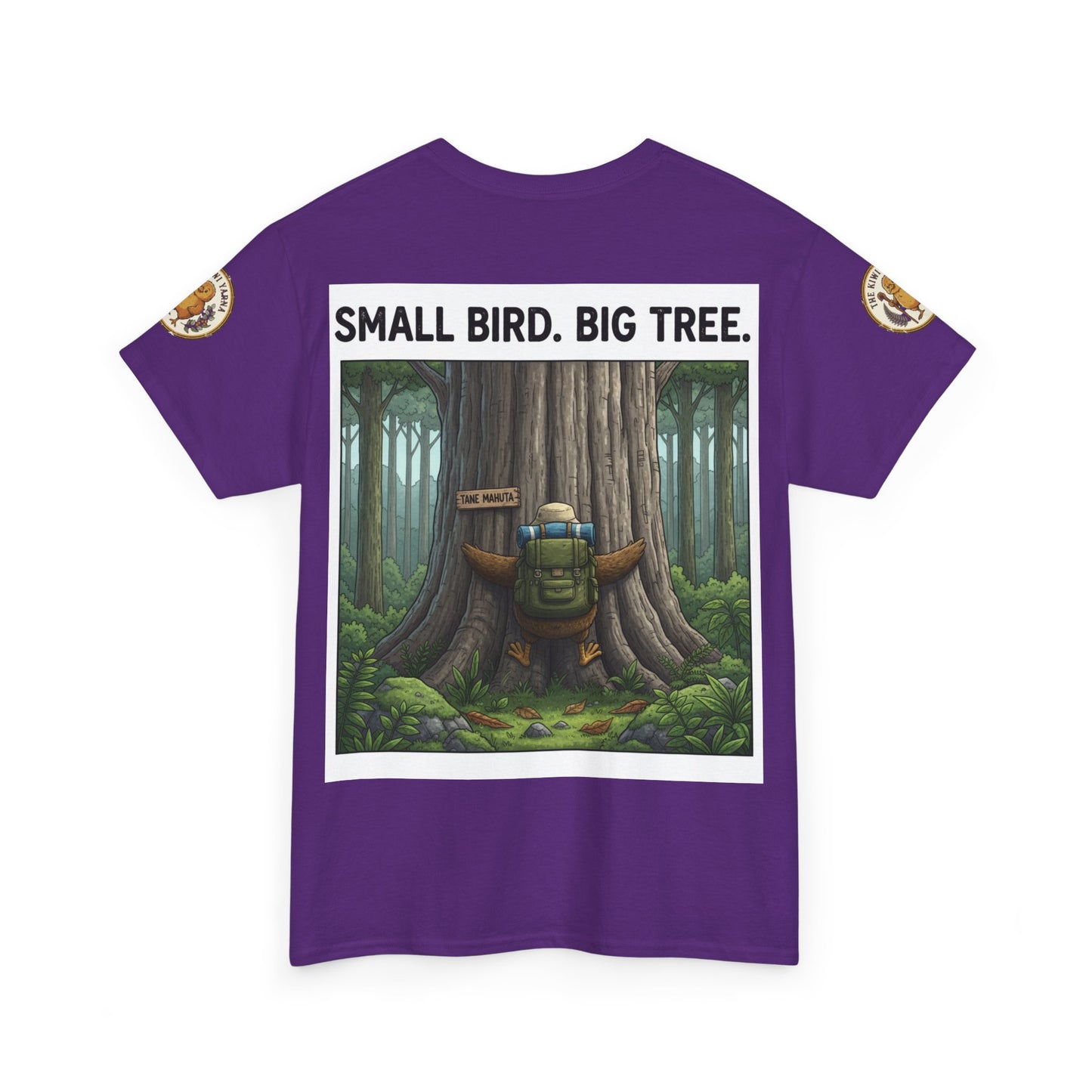 Purple crew-neck T-shirt with centered “Small Bird. Big Tree.” framed forest graphic