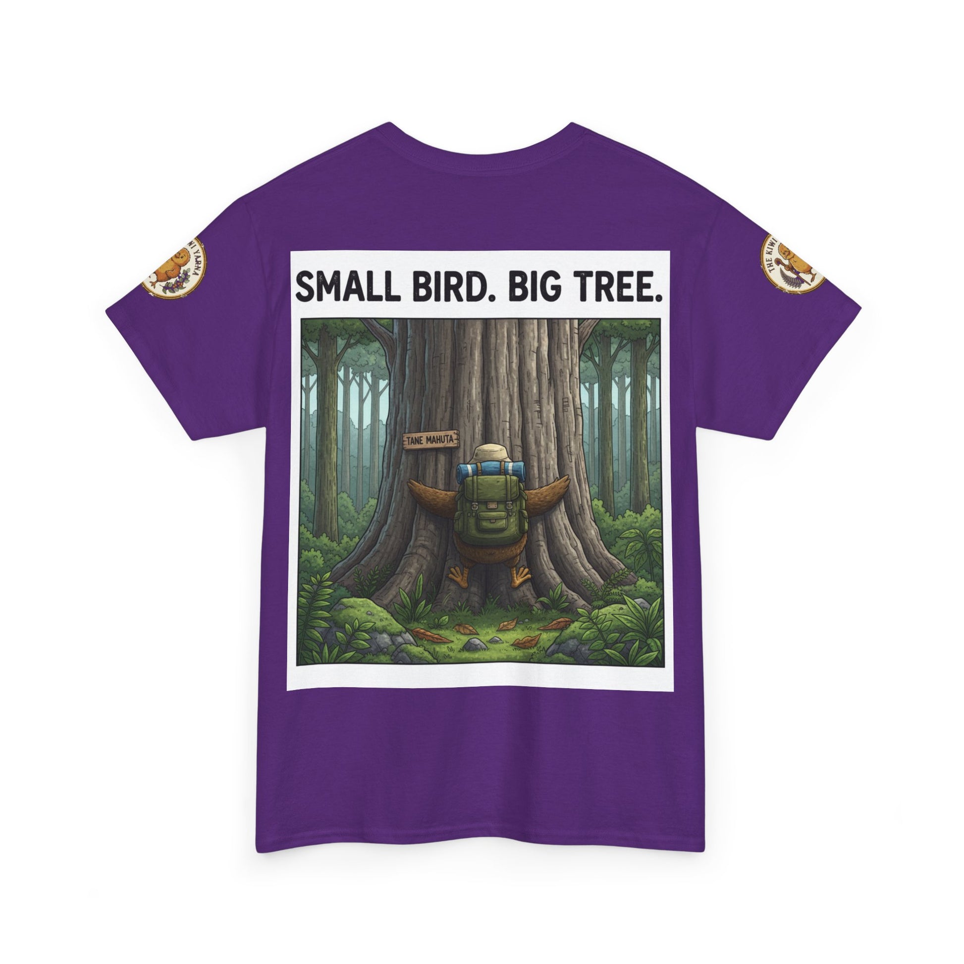 Purple crew-neck T-shirt with centered “Small Bird. Big Tree.” framed forest graphic