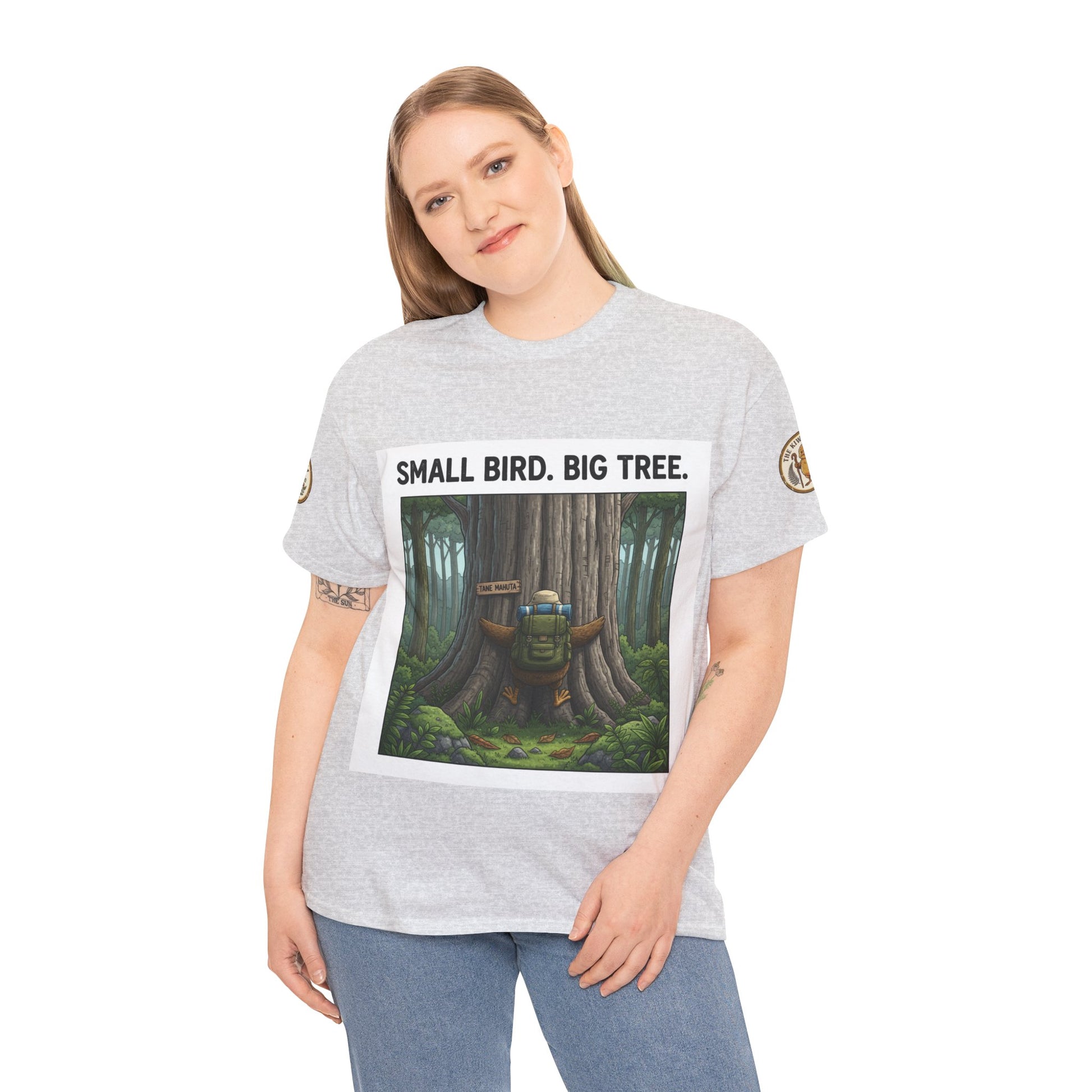 Heather gray T-shirt on model with front forest scene graphic and headline text