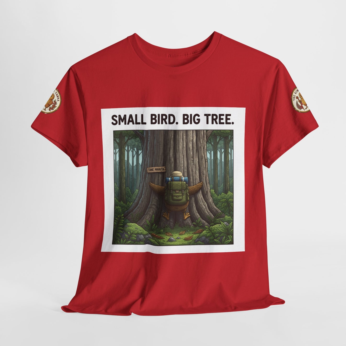 Red crewneck T-shirt with front square forest scene and 'SMALL BIRD. BIG TREE.' print