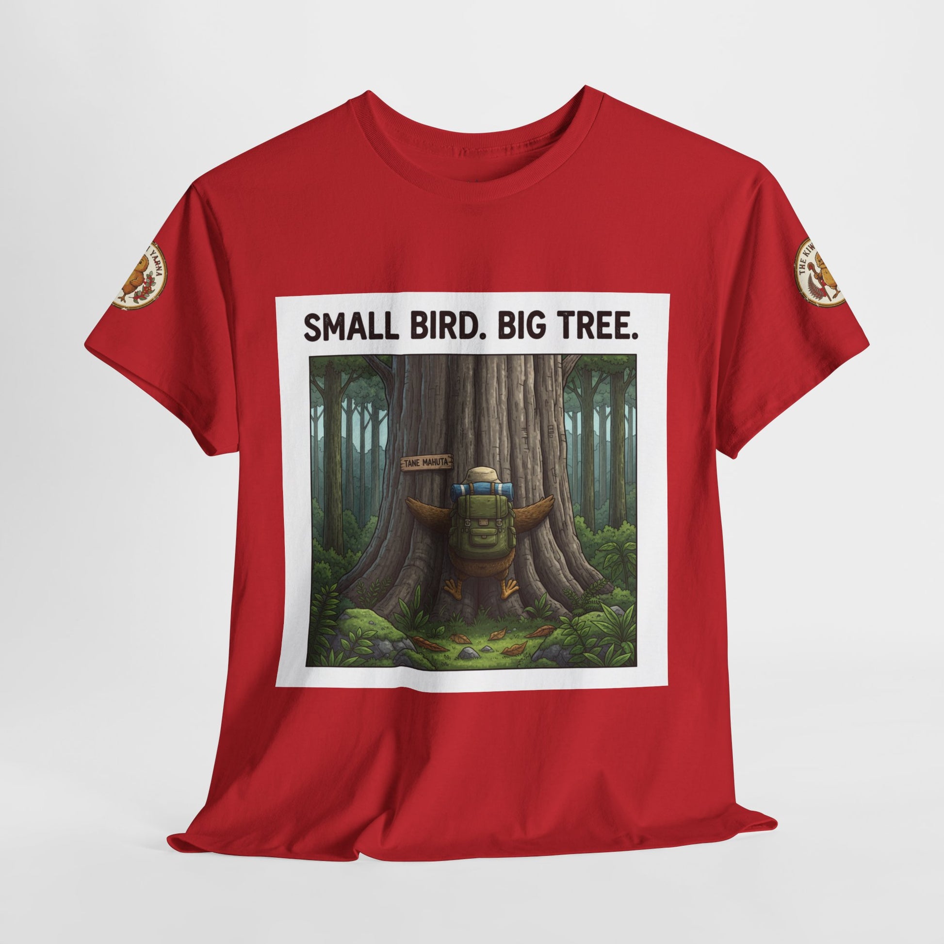 Red crewneck T-shirt with front square forest scene and 'SMALL BIRD. BIG TREE.' print