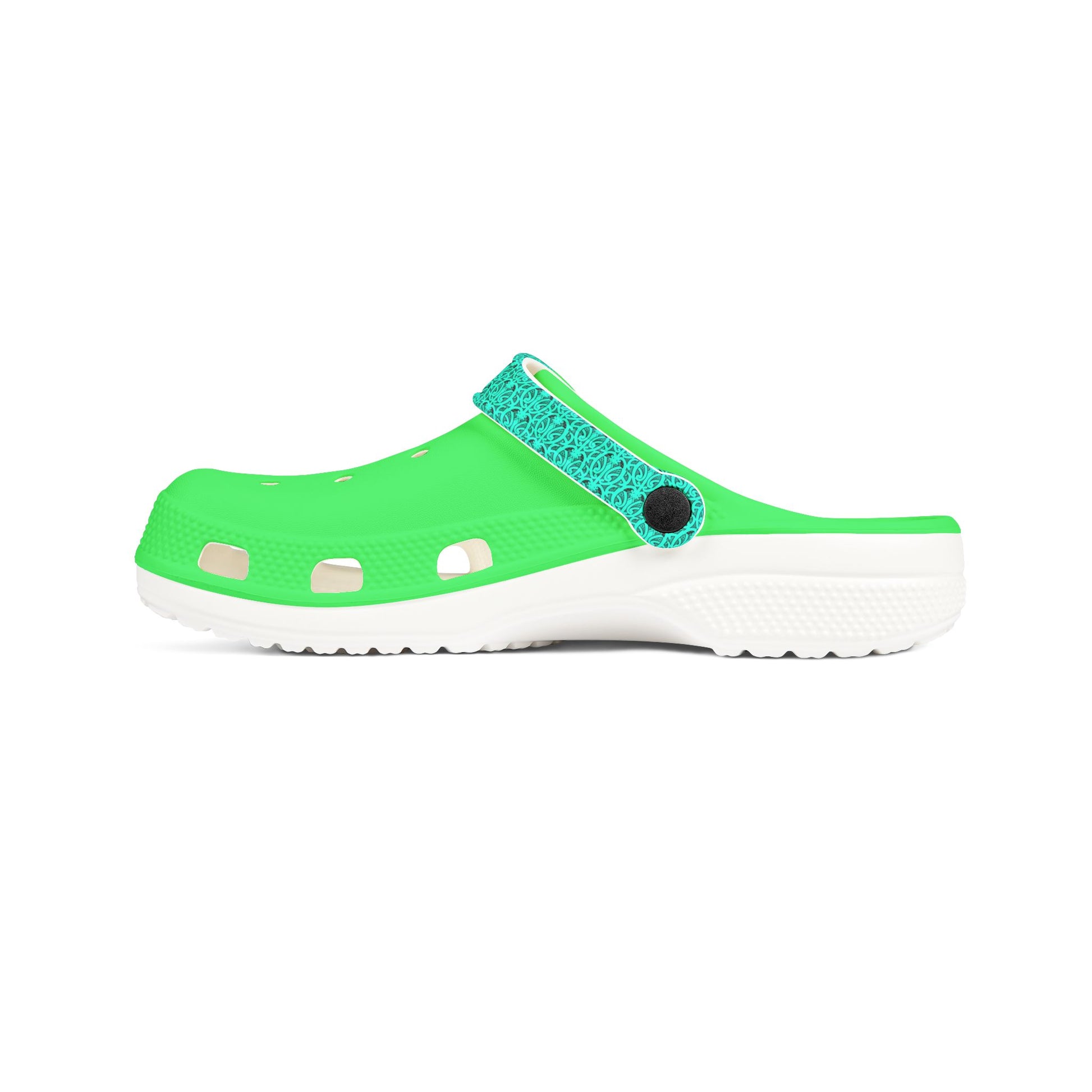 Neon green perforated slip-on clog with teal textured panel and white sole