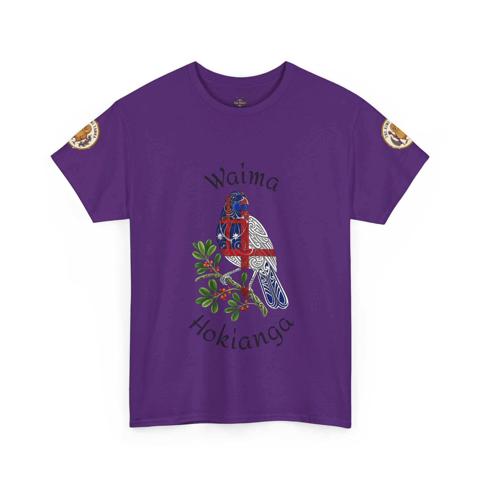 Purple crewneck T-shirt with colorful bird graphic and 'Waima Hokiang' text print