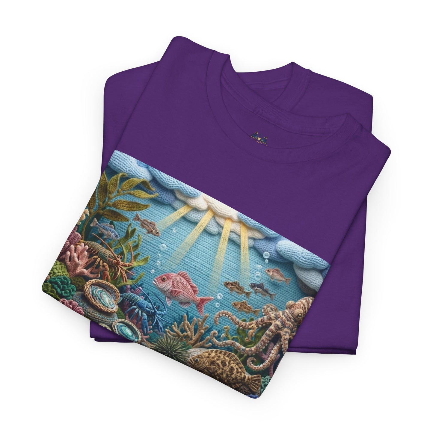 Purple crewneck T-shirt with large ocean graphic panel across the front