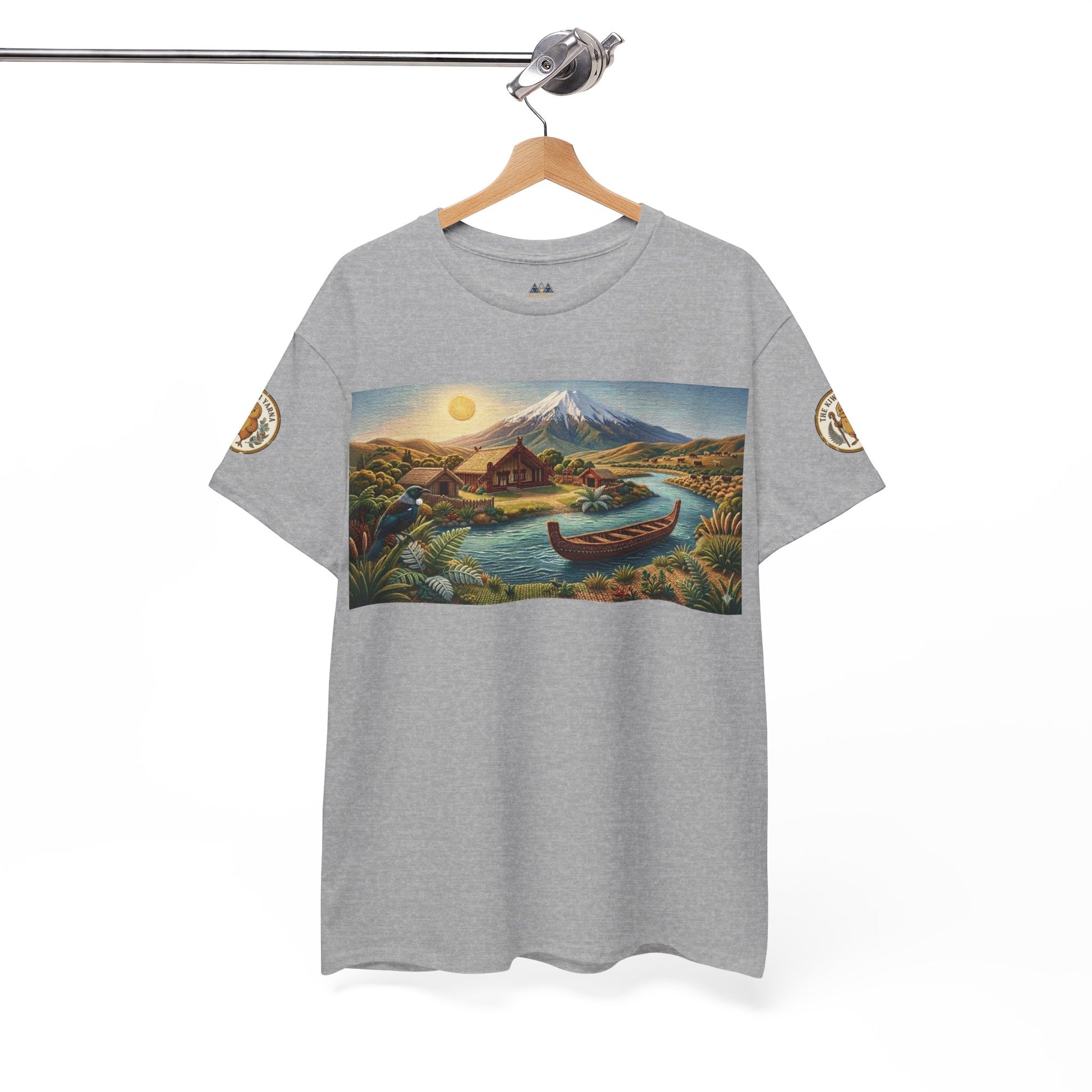Gray heather graphic crewneck T-shirt with landscape boat print and gold sleeve patch
