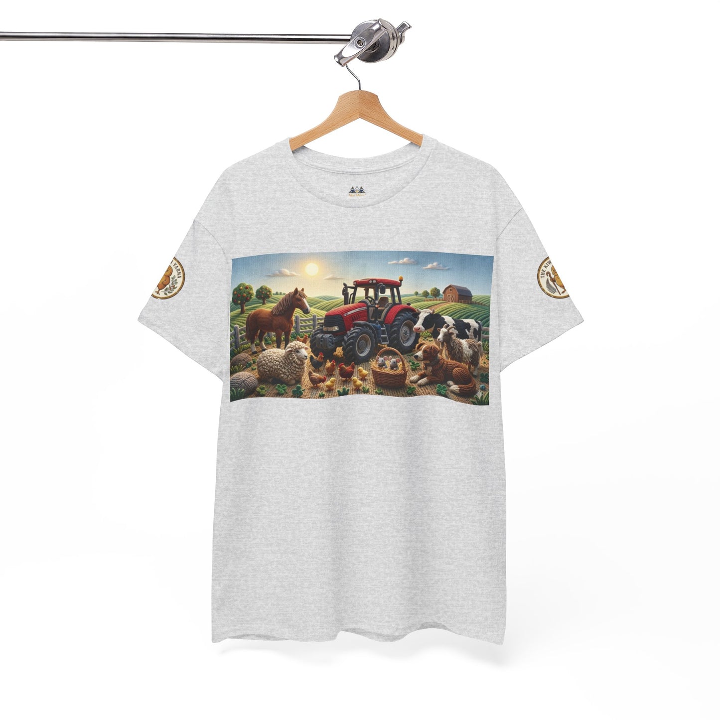 Light gray T-shirt with farm tractor-and-animals front graphic and sleeve emblems