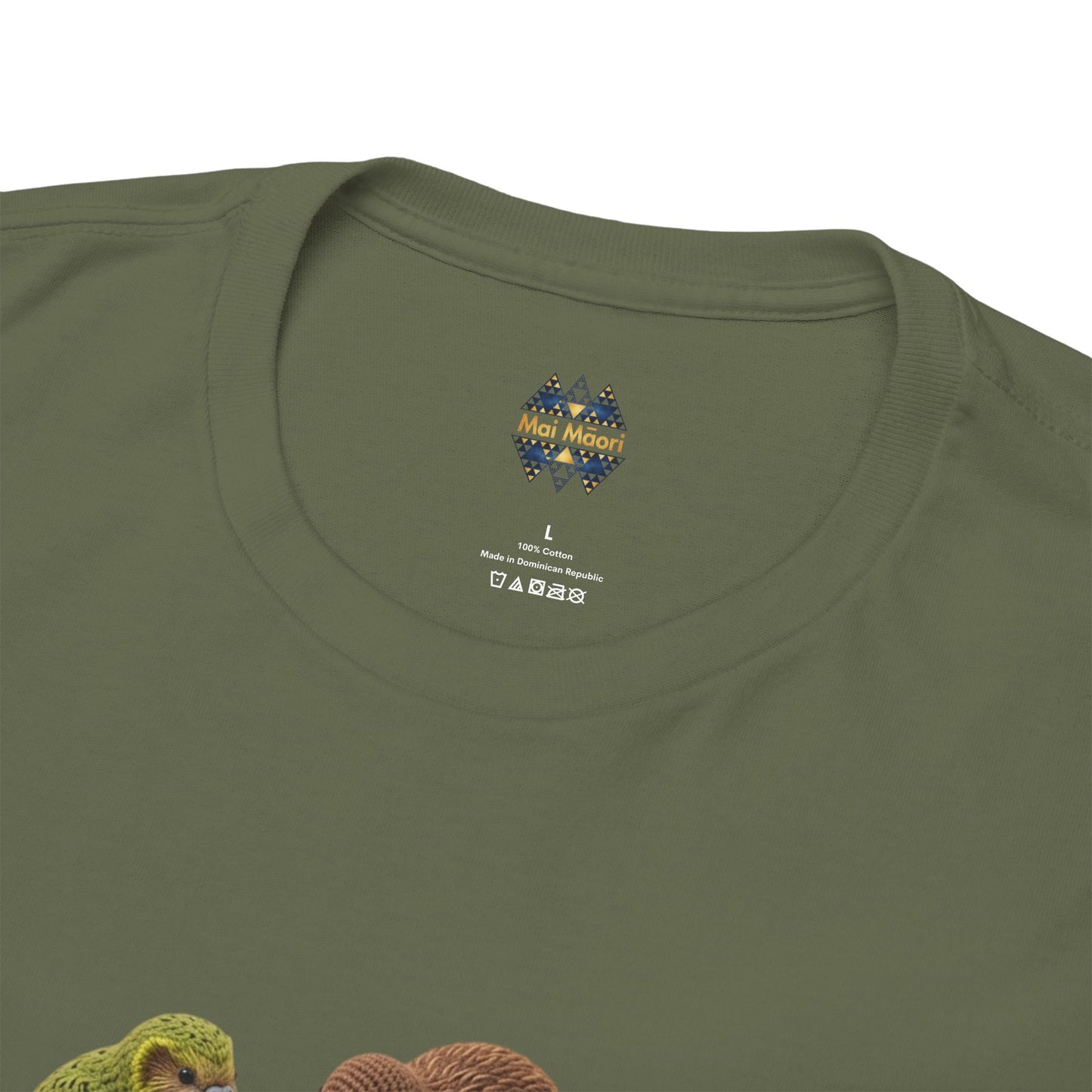 Olive green T-shirt back with small colorful logo and printed tags near neckline