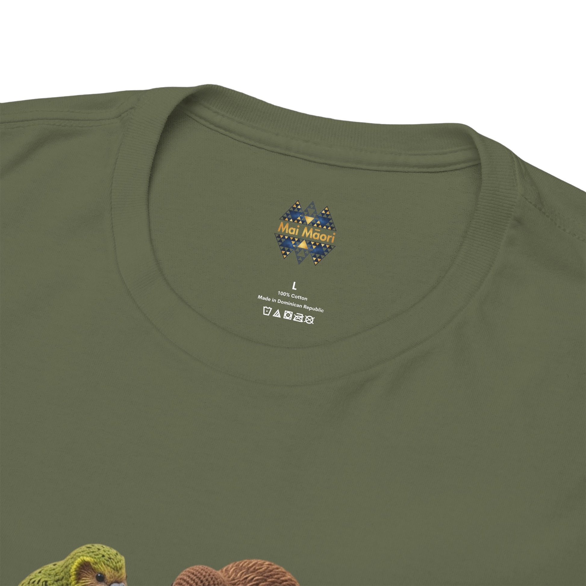 Olive green T-shirt back with small colorful logo and printed tags near neckline