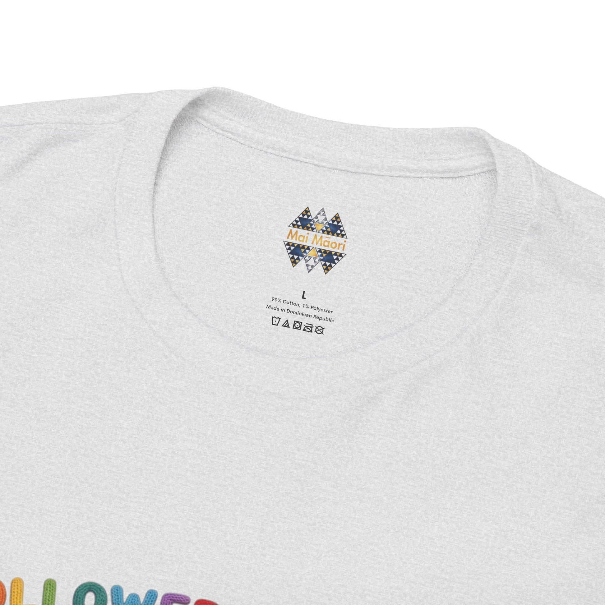 Heather gray crewneck T-shirt close-up with small chest logo near neckline