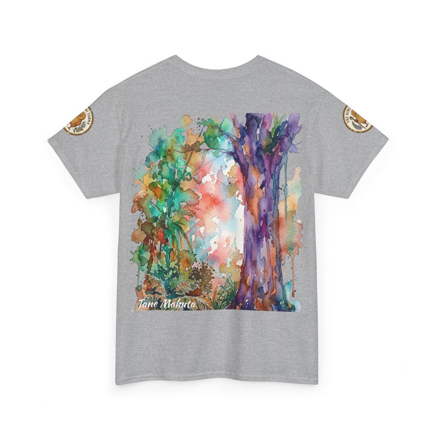 Heather gray T-shirt back view with colorful tree artwork and round sleeve patches