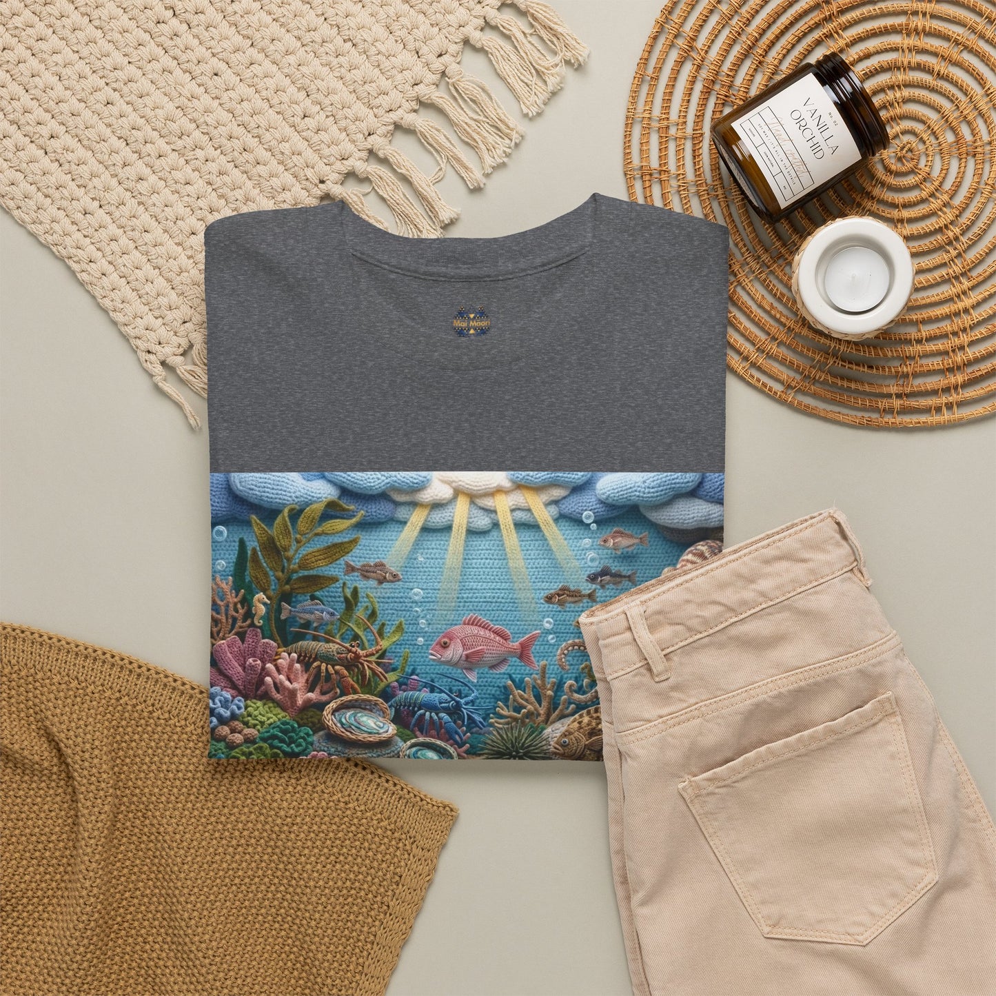Gray T-shirt with large underwater panel print, crew neckline, short sleeves