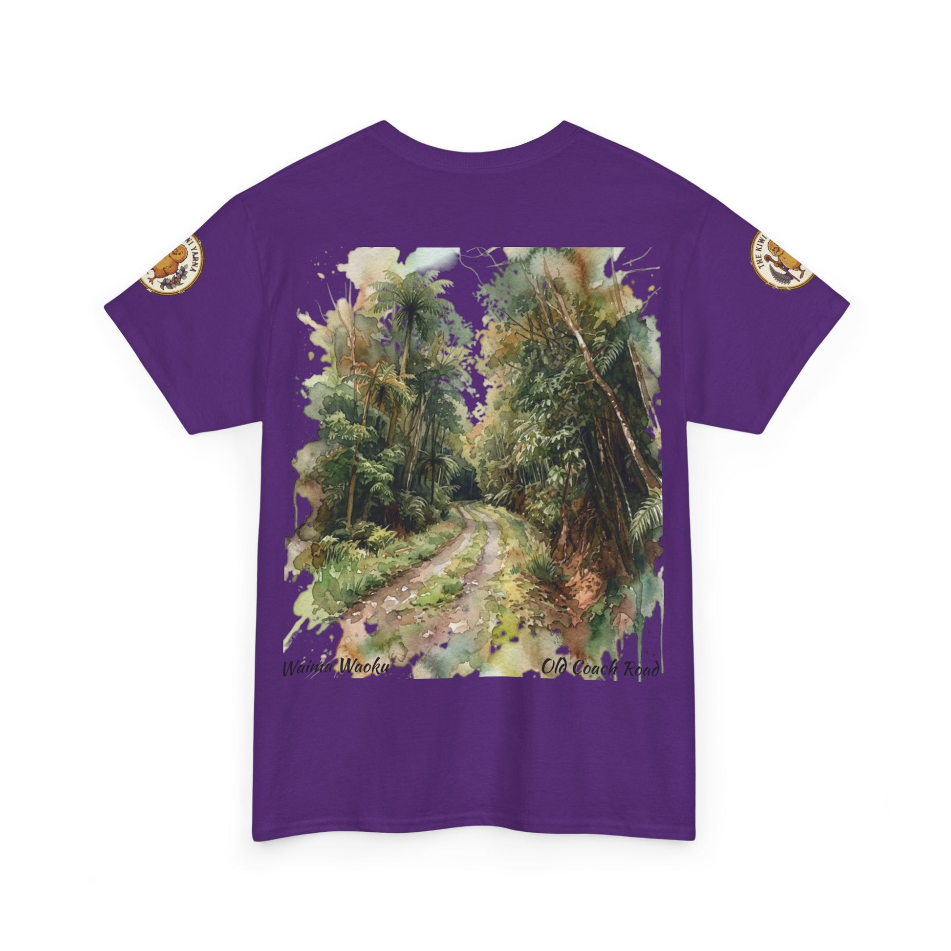 Purple T-shirt with forest path landscape graphic on front