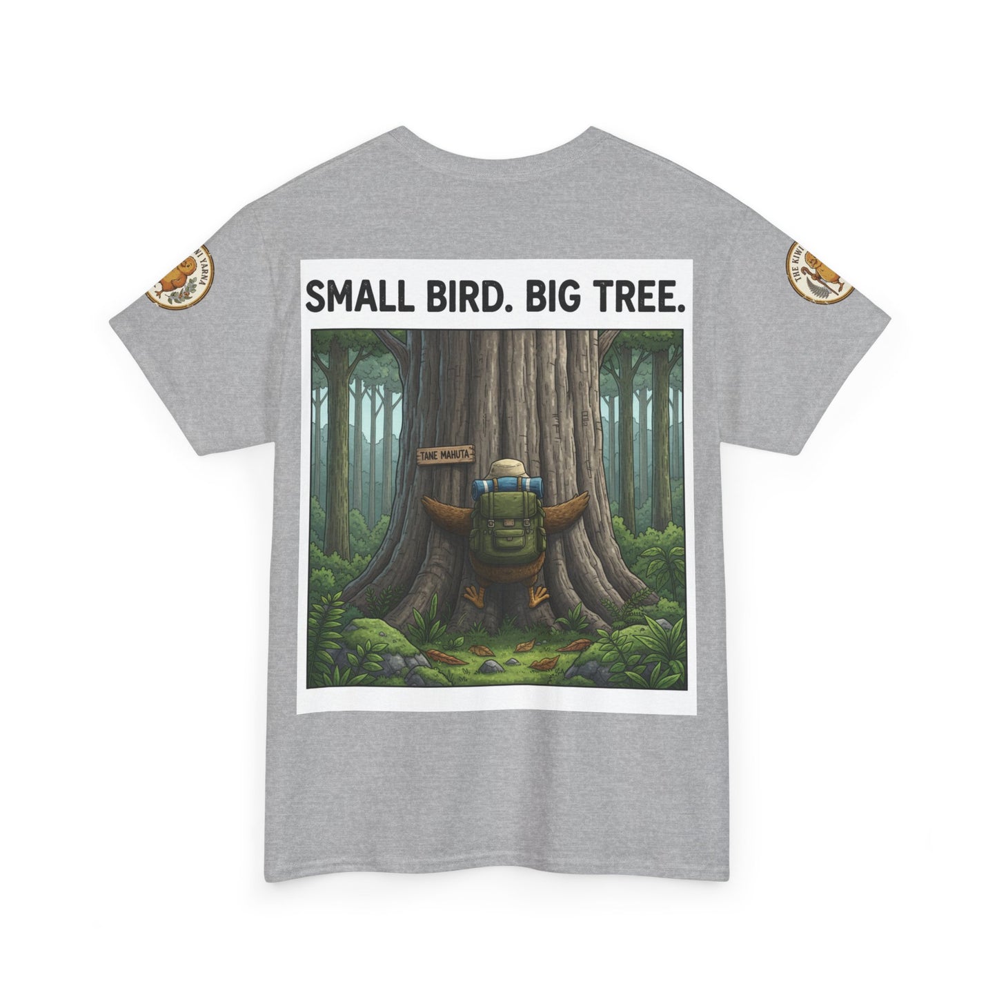 Gray graphic T-shirt with 'SMALL BIRD. BIG TREE.' forest panel and round sleeve patch