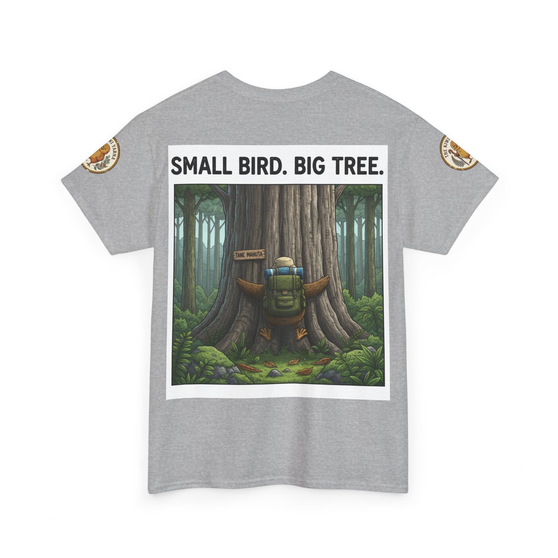 Gray graphic T-shirt with 'SMALL BIRD. BIG TREE.' forest panel and round sleeve patch
