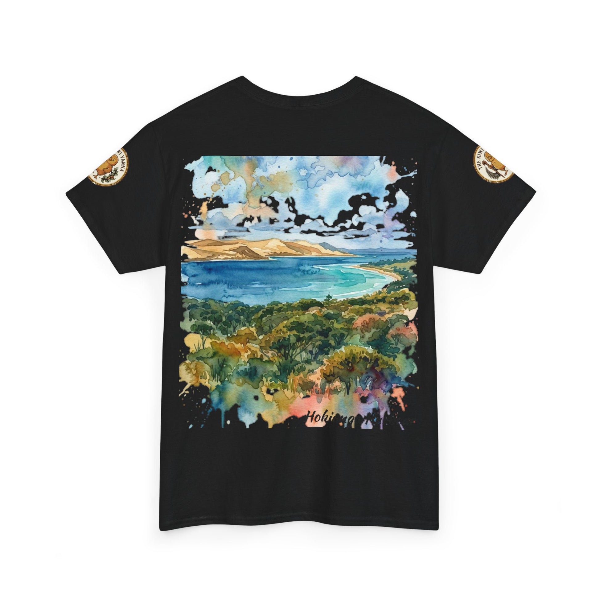 Black graphic T-shirt with watercolor landscape print and paint-splatter effect