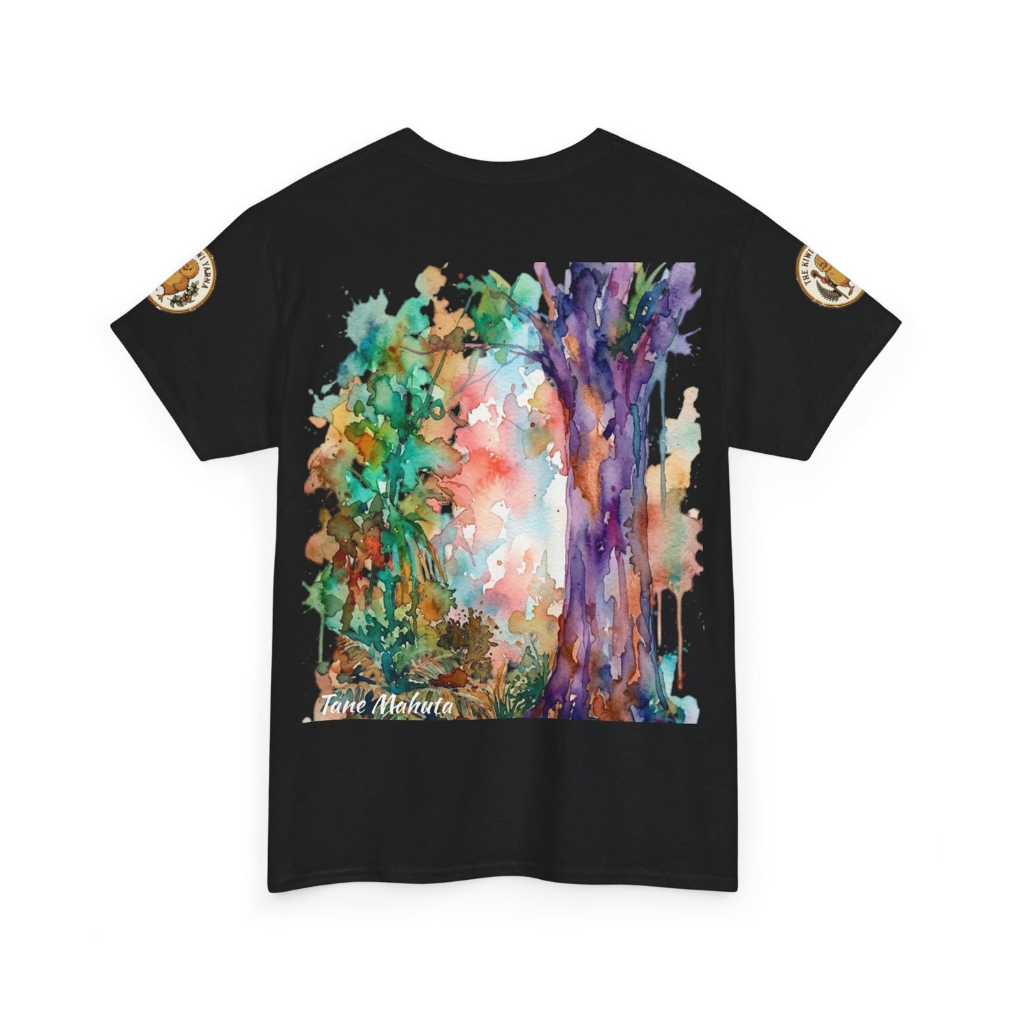 Black T-shirt with colorful tree watercolor front graphic and small circular sleeve patches