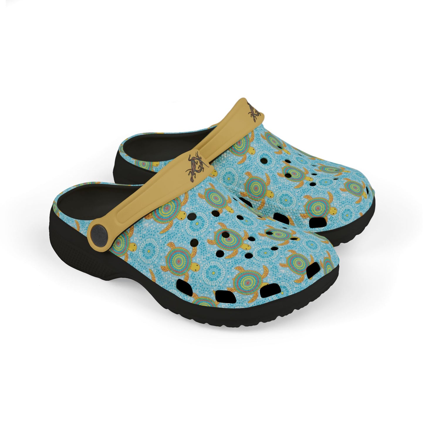 Blue patterned slip-on clog shoes with tan strap and black textured sole