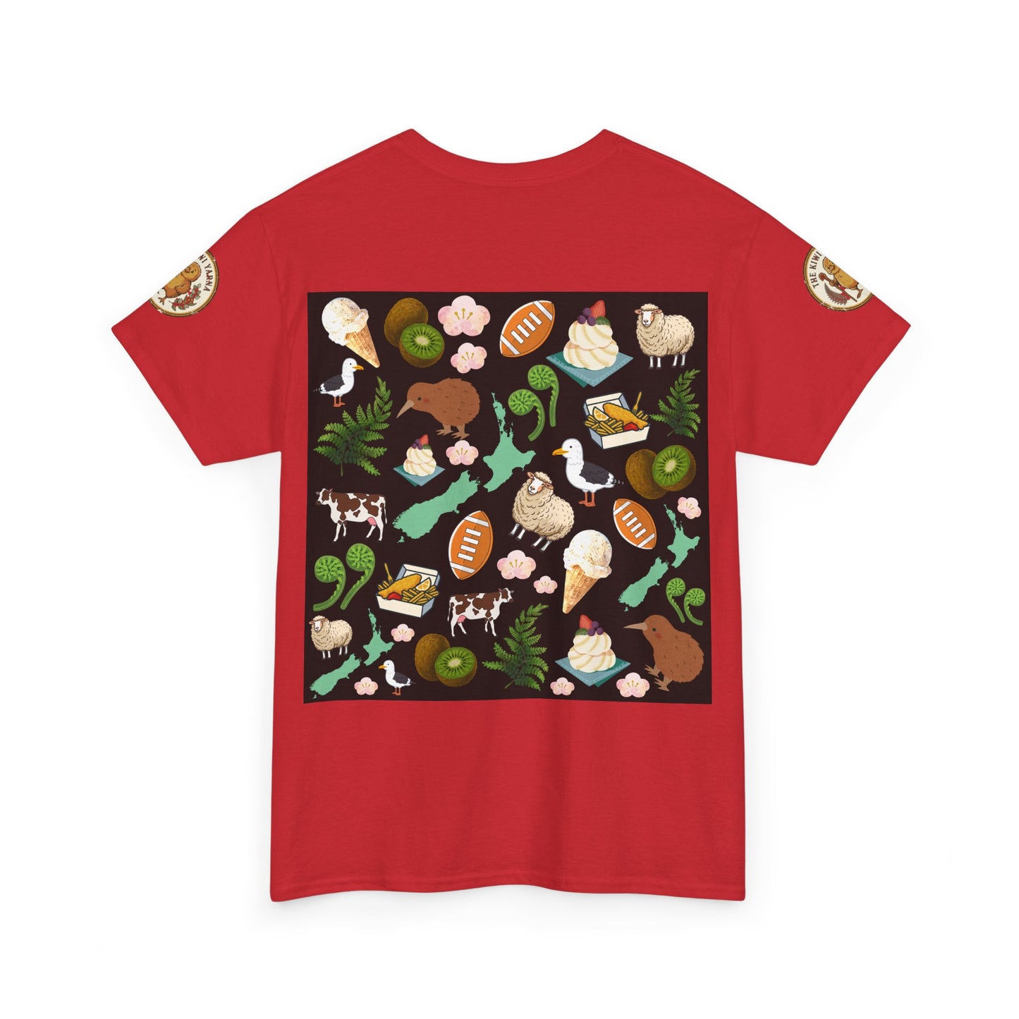 Kiwiana t-shirt in red with colorful bird-and-fruit graphic print