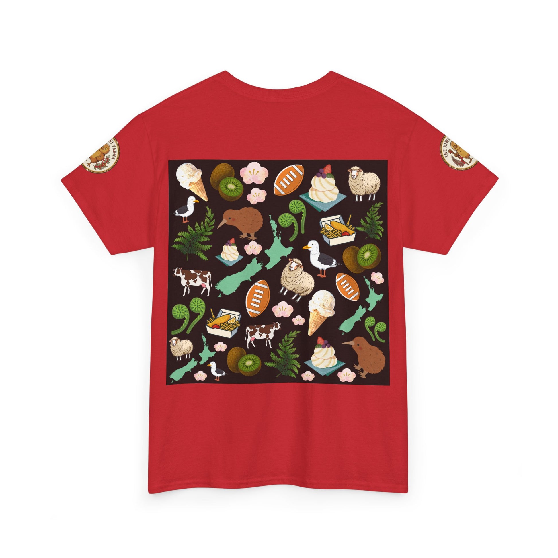 Kiwiana t-shirt in red with colorful bird-and-fruit graphic print