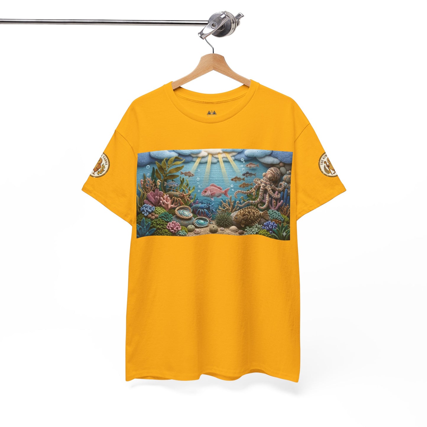 Under the Sea graphic T-shirt, yellow with rectangular ocean scene print across chest