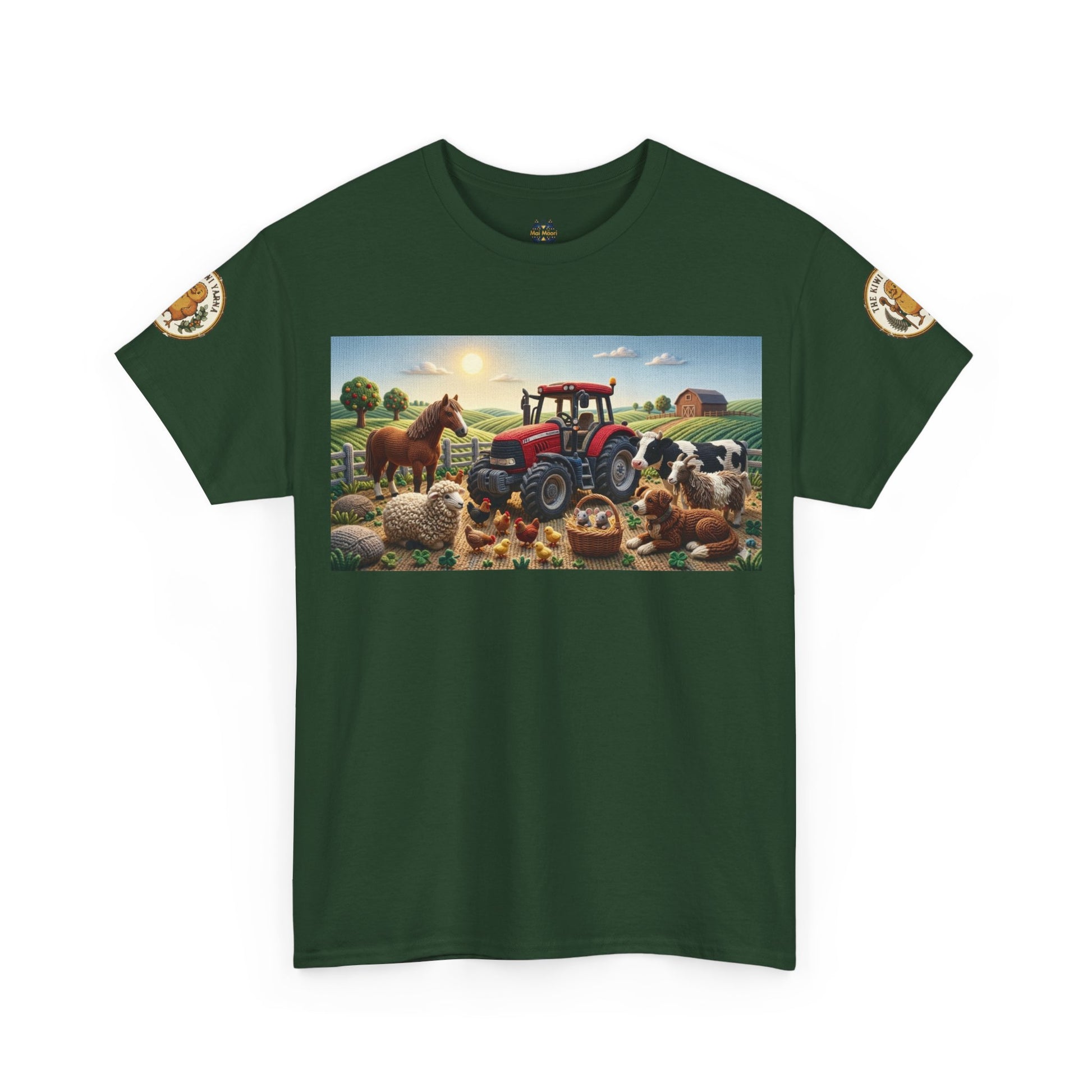 Deep green farm graphic T-shirt with front rectangle tractor-and-animals scene and sleeve patches