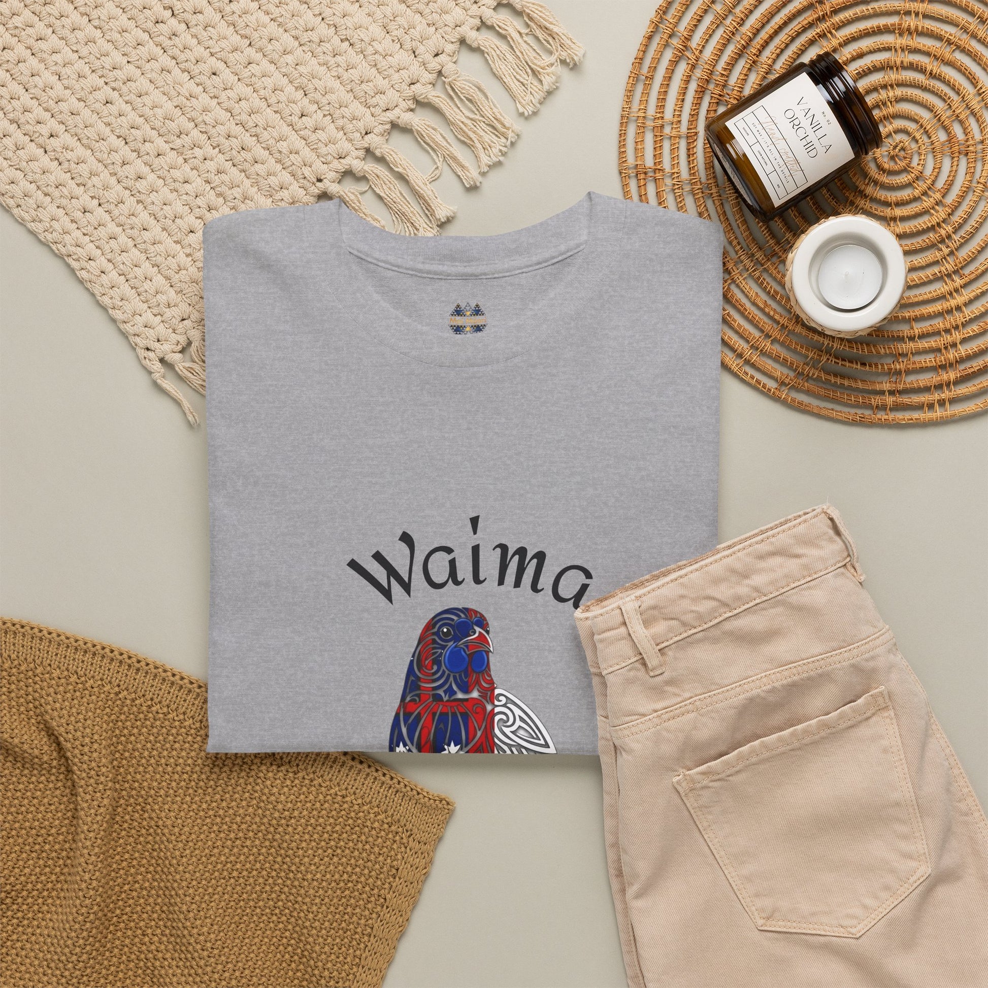 Gray graphic short-sleeve T-shirt, cropped view, with bird and foliage print.