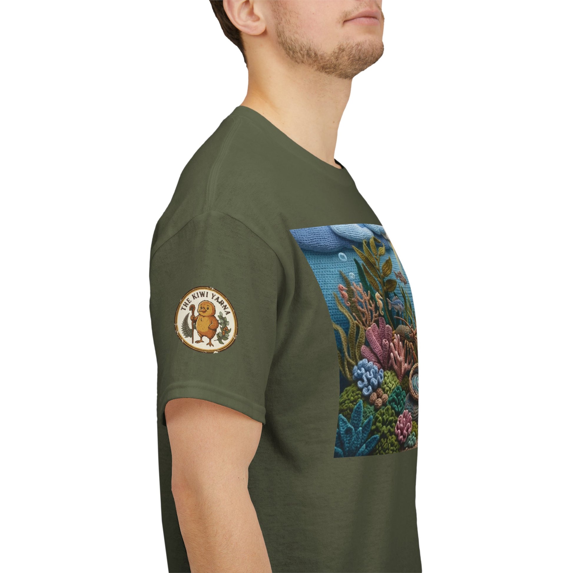 Olive T-shirt with left sleeve round logo patch and undersea chest graphic