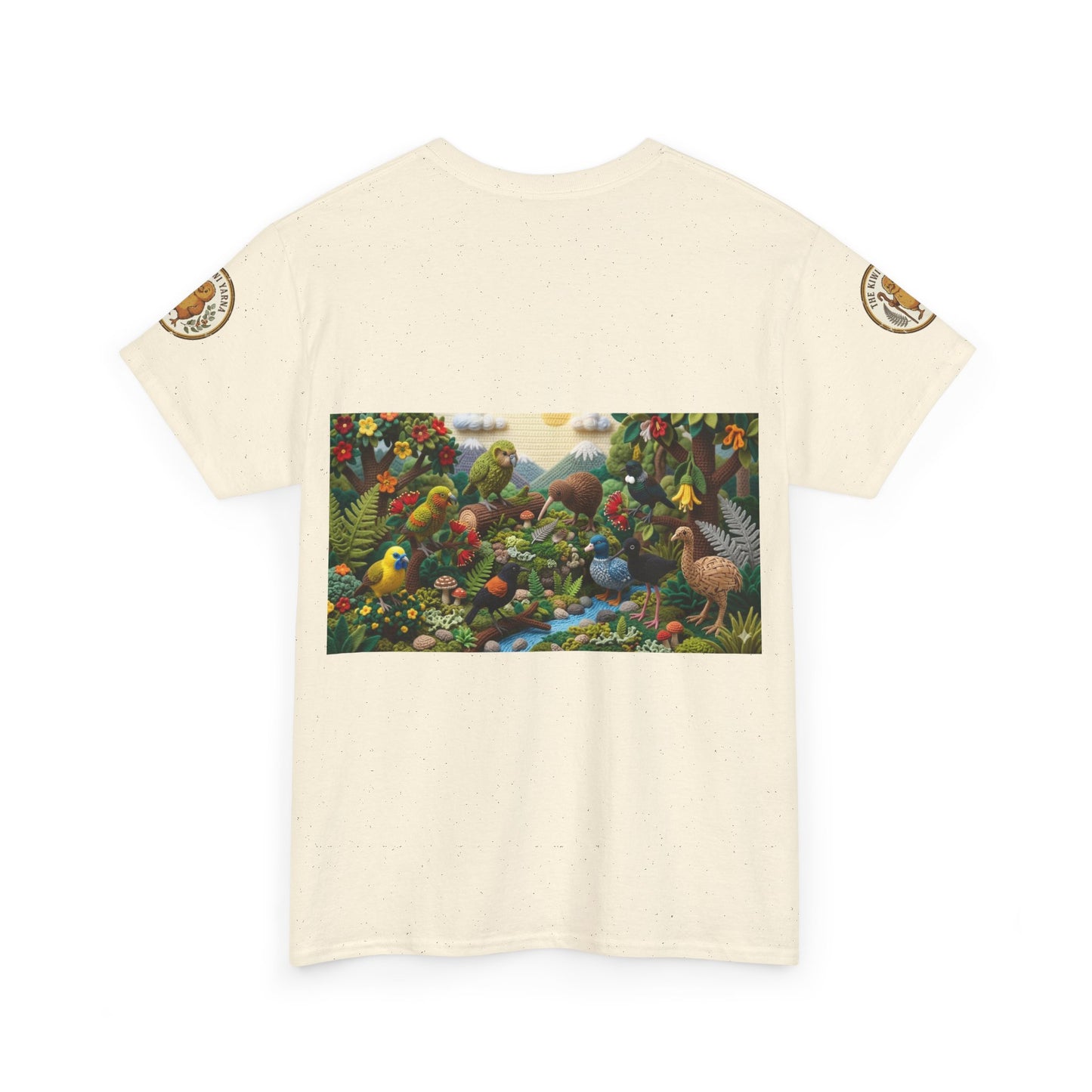 Natural/off-white crew-neck t-shirt with colorful birds-and-nature rectangle graphic