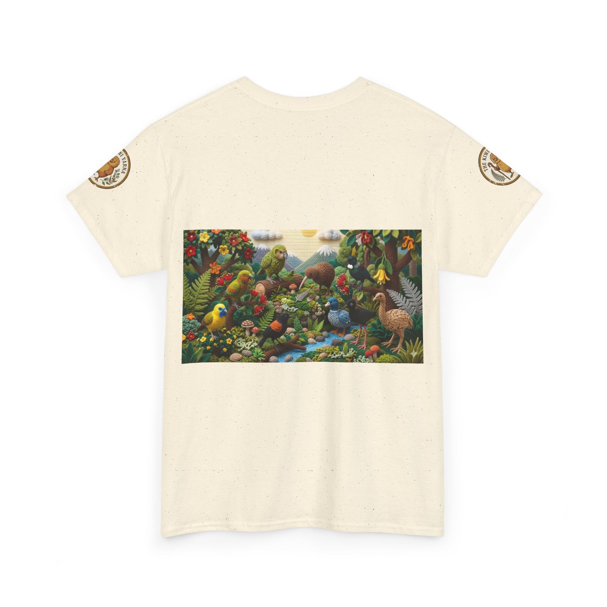 Natural/off-white crew-neck t-shirt with colorful birds-and-nature rectangle graphic