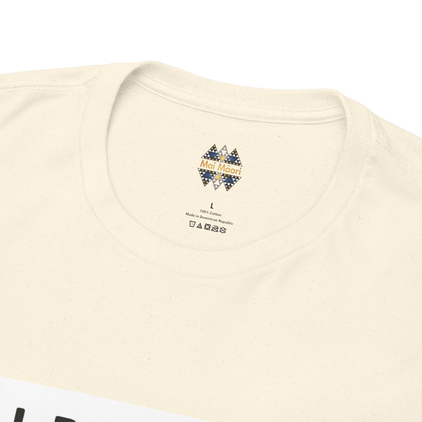 Ivory crewneck T-shirt neckline with small multicolor logo emblem