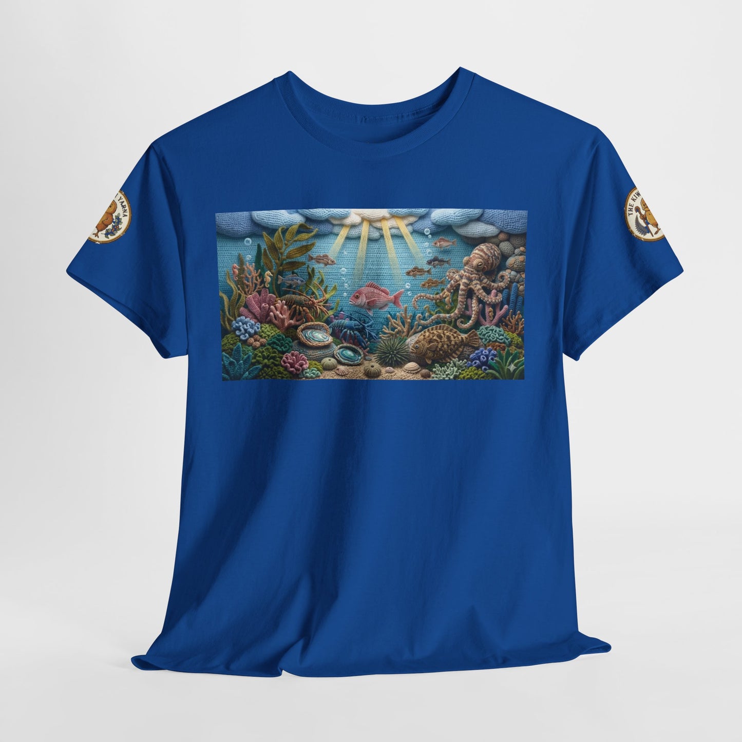 Blue crewneck T-shirt with rectangular undersea graphic on the front and sleeve patches