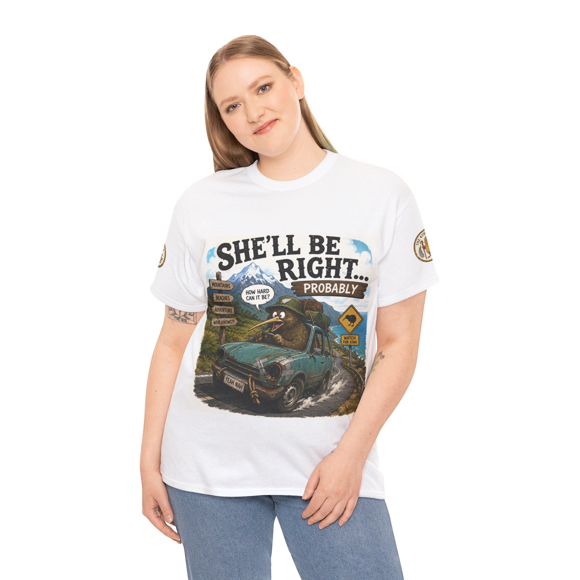 White graphic T-shirt worn by a model, featuring a front truck scene print.