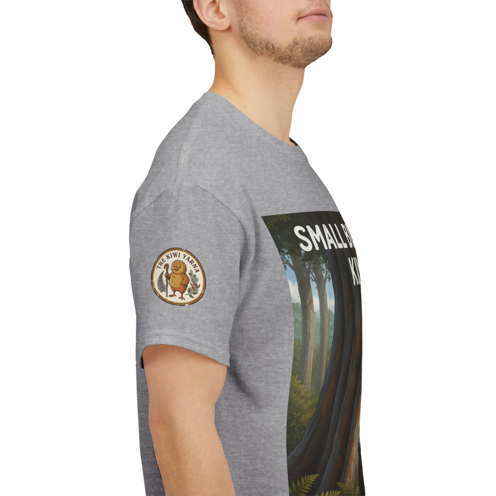 Heather gray crew-neck t-shirt on model, showing side graphic panel detail