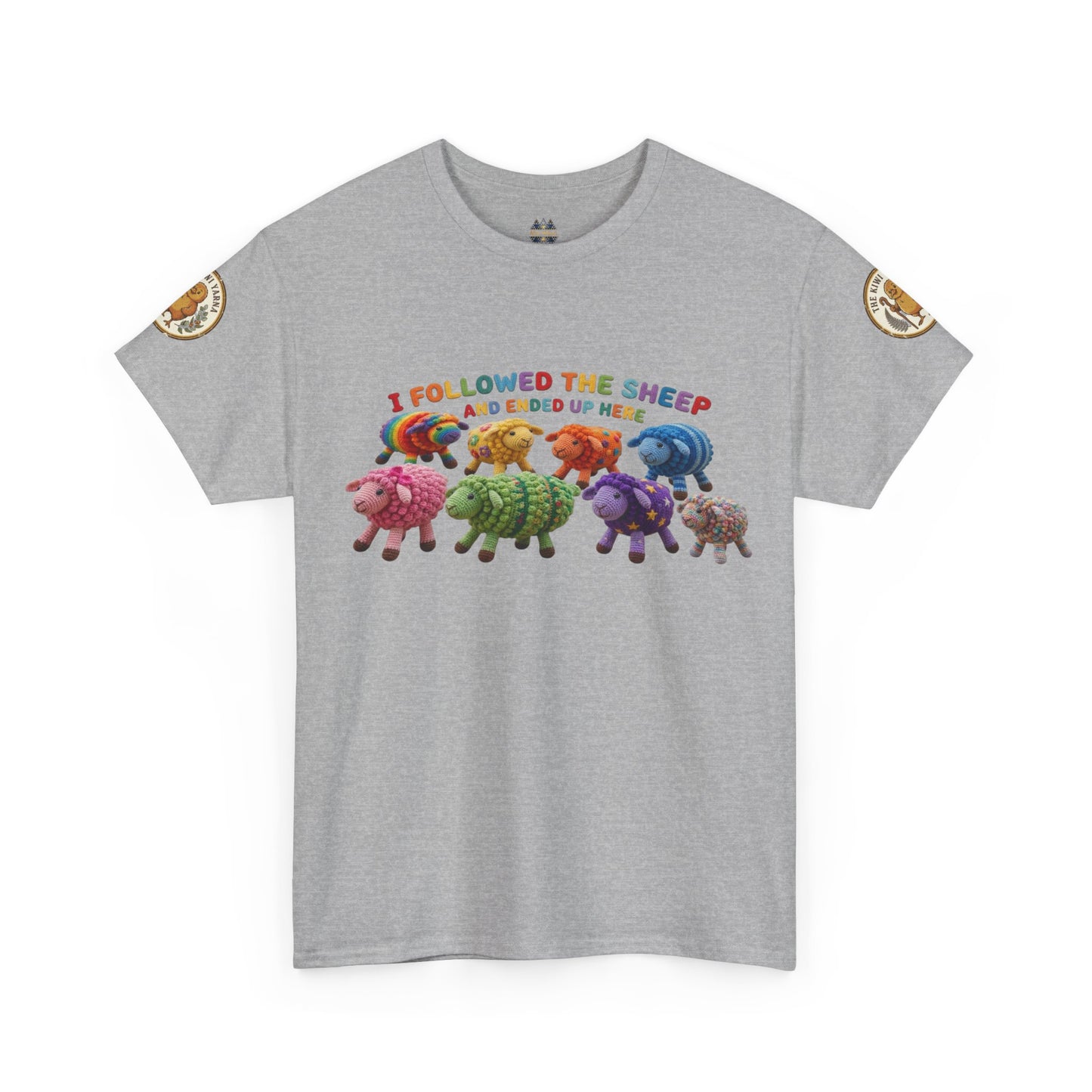 Gray crew-neck graphic T-shirt with colorful sheep crowd print and small circular sleeve badges