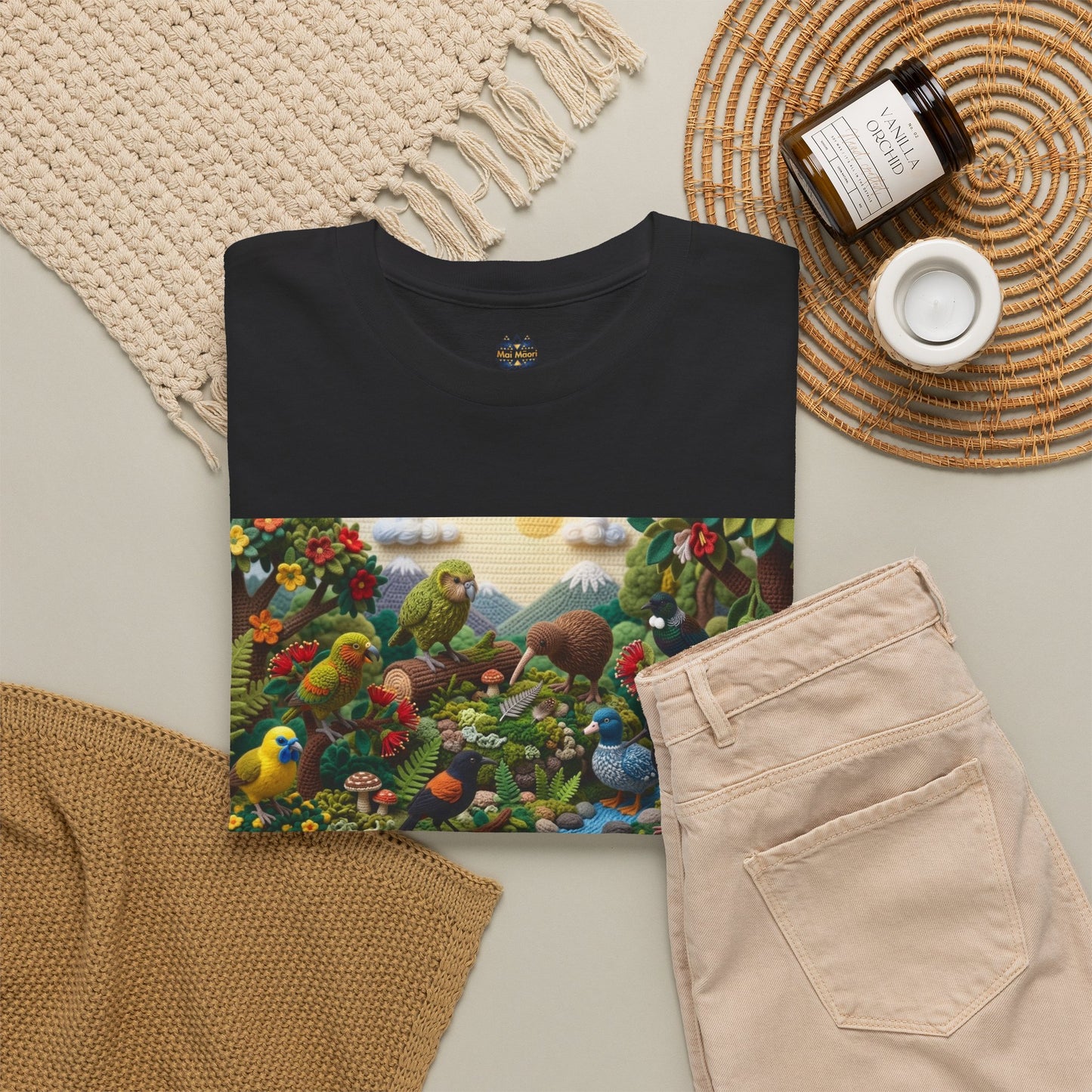 Black graphic T-shirt with colorful birds-and-flowers rectangle front print