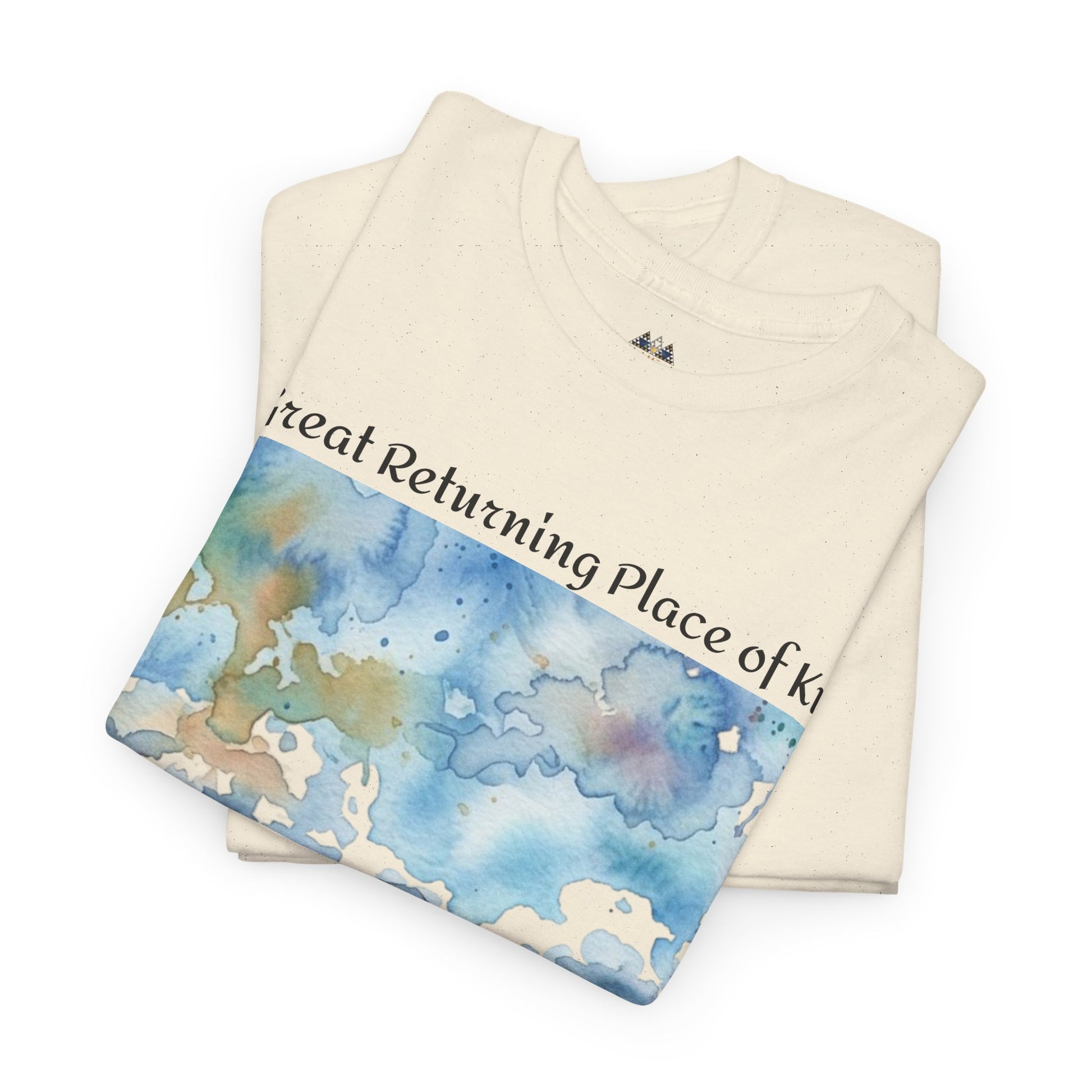 Cream T-shirt with landscape print on stacked folded fabric
