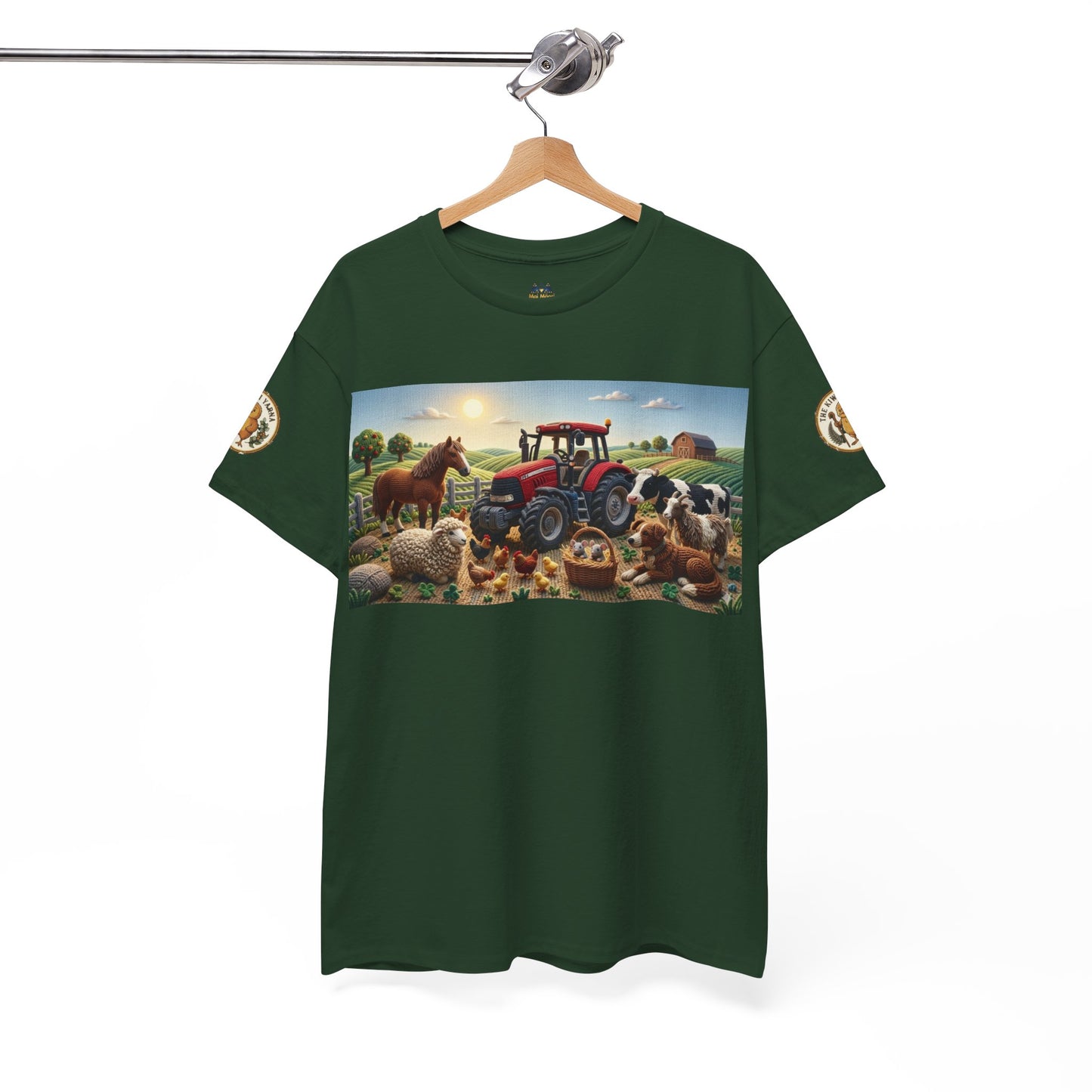Forest green crewneck T-shirt on hanger with farm tractor and animals graphic