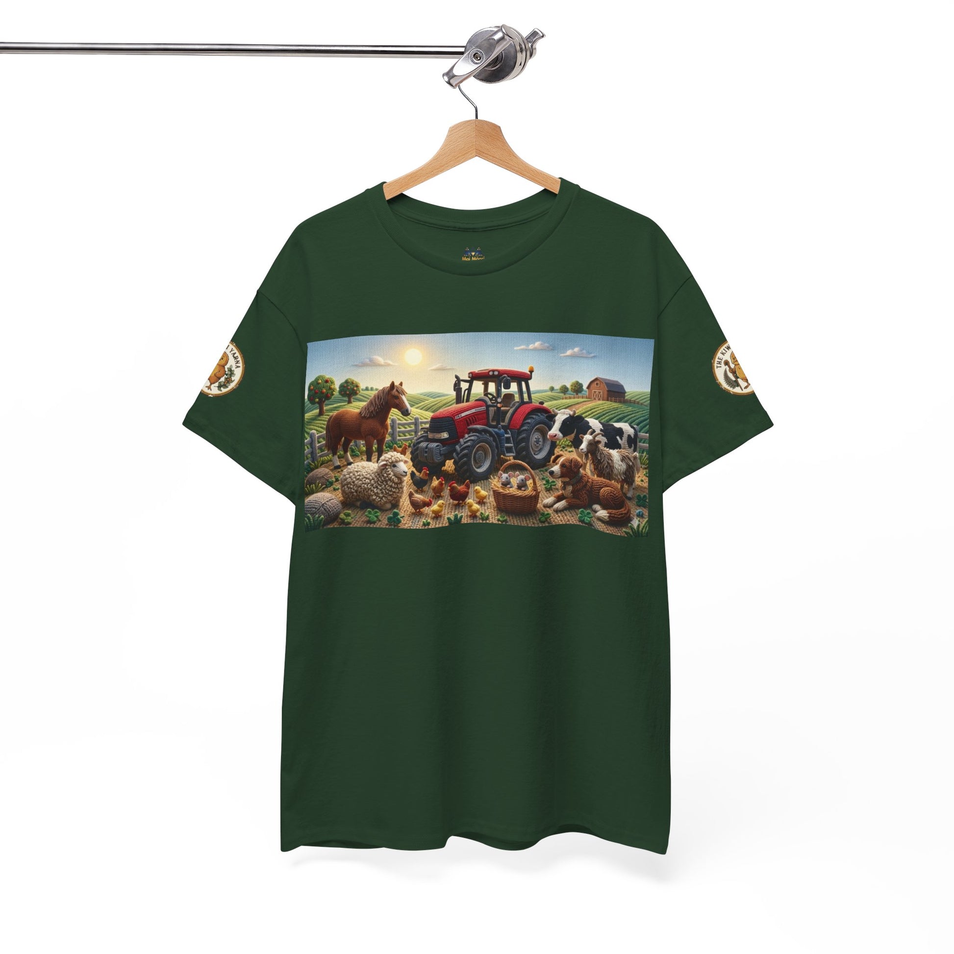 Forest green crewneck T-shirt on hanger with farm tractor and animals graphic